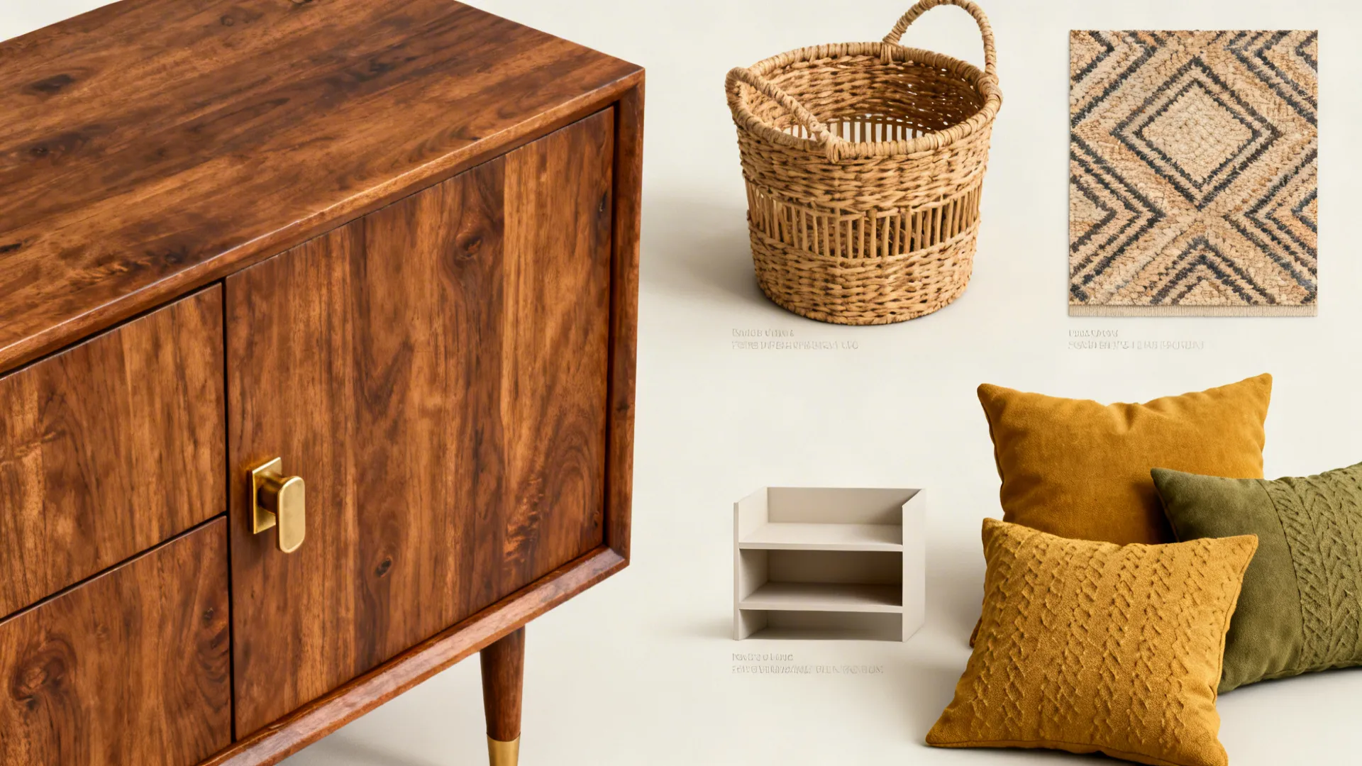 Flatlay of vintage teak piece, modern storage baskets and textile swatches