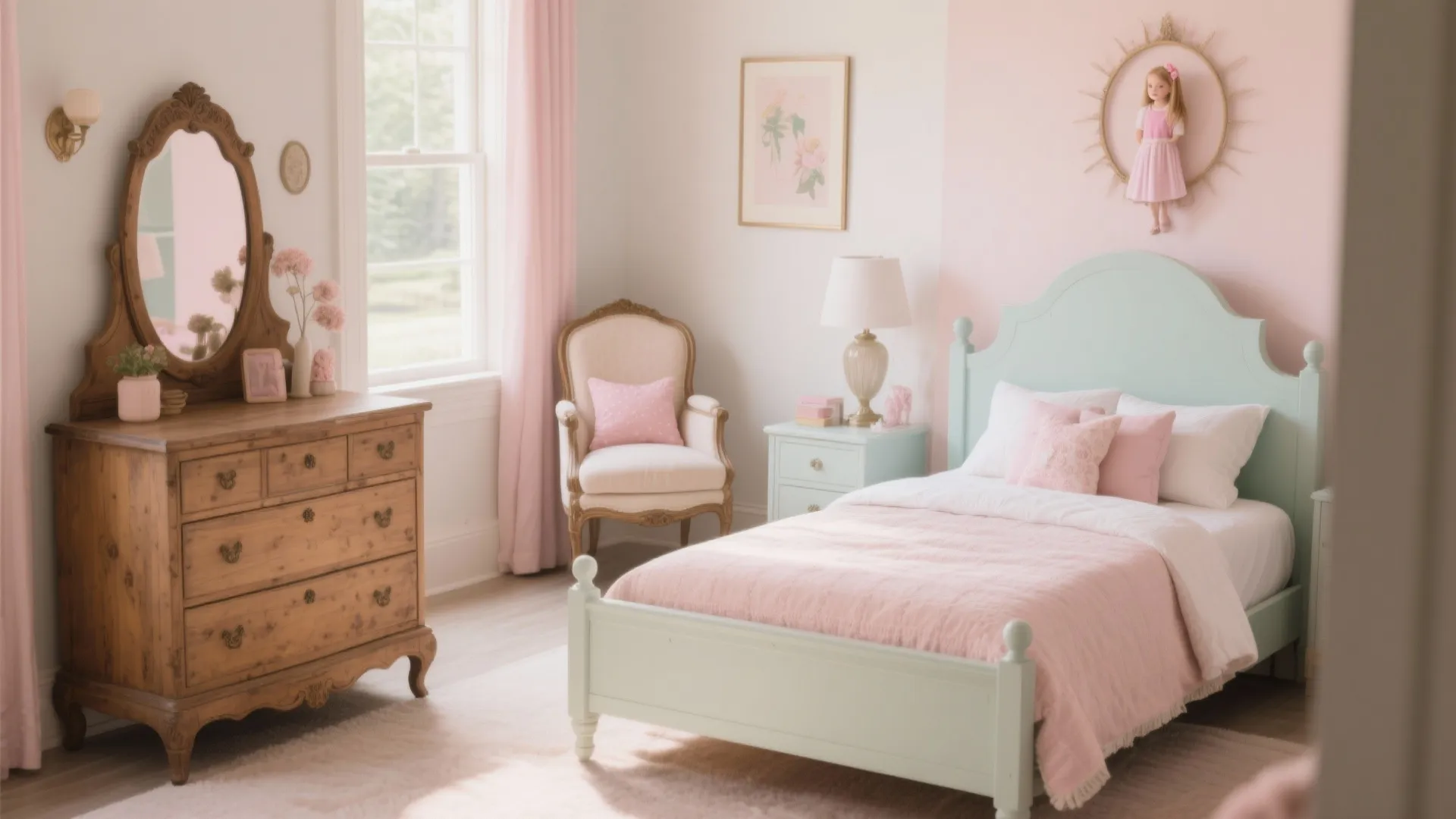 Vintage style girls bedroom with wooden cabinet mirror pink curtains and a light green bed