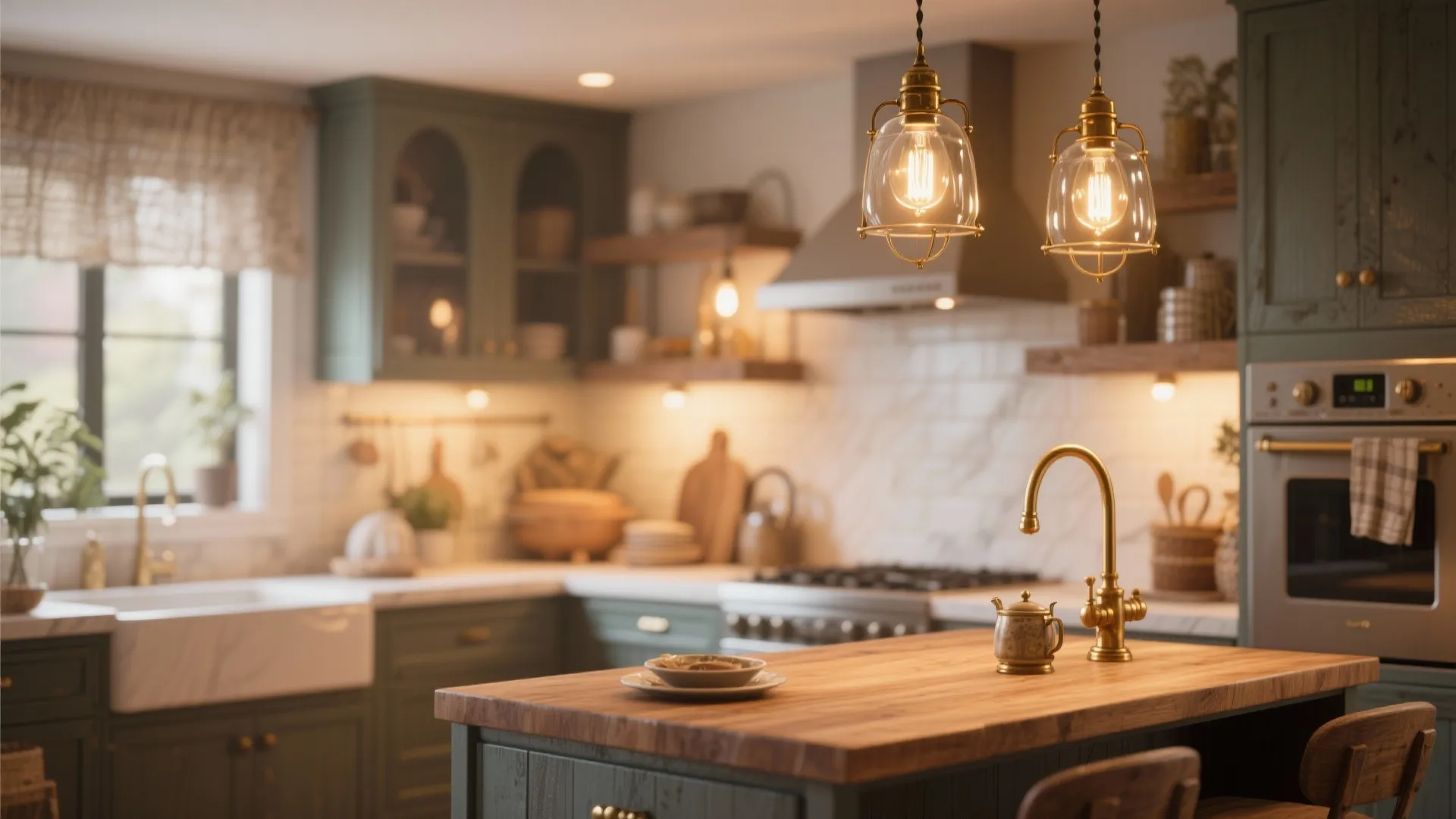 Warm rustic kitchen with green cabinets wooden island brass ceiling light fixtures and white tiled walls