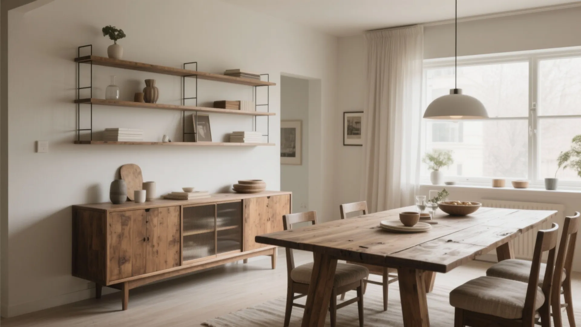 Dining space with vintage sideboard and modern shelves