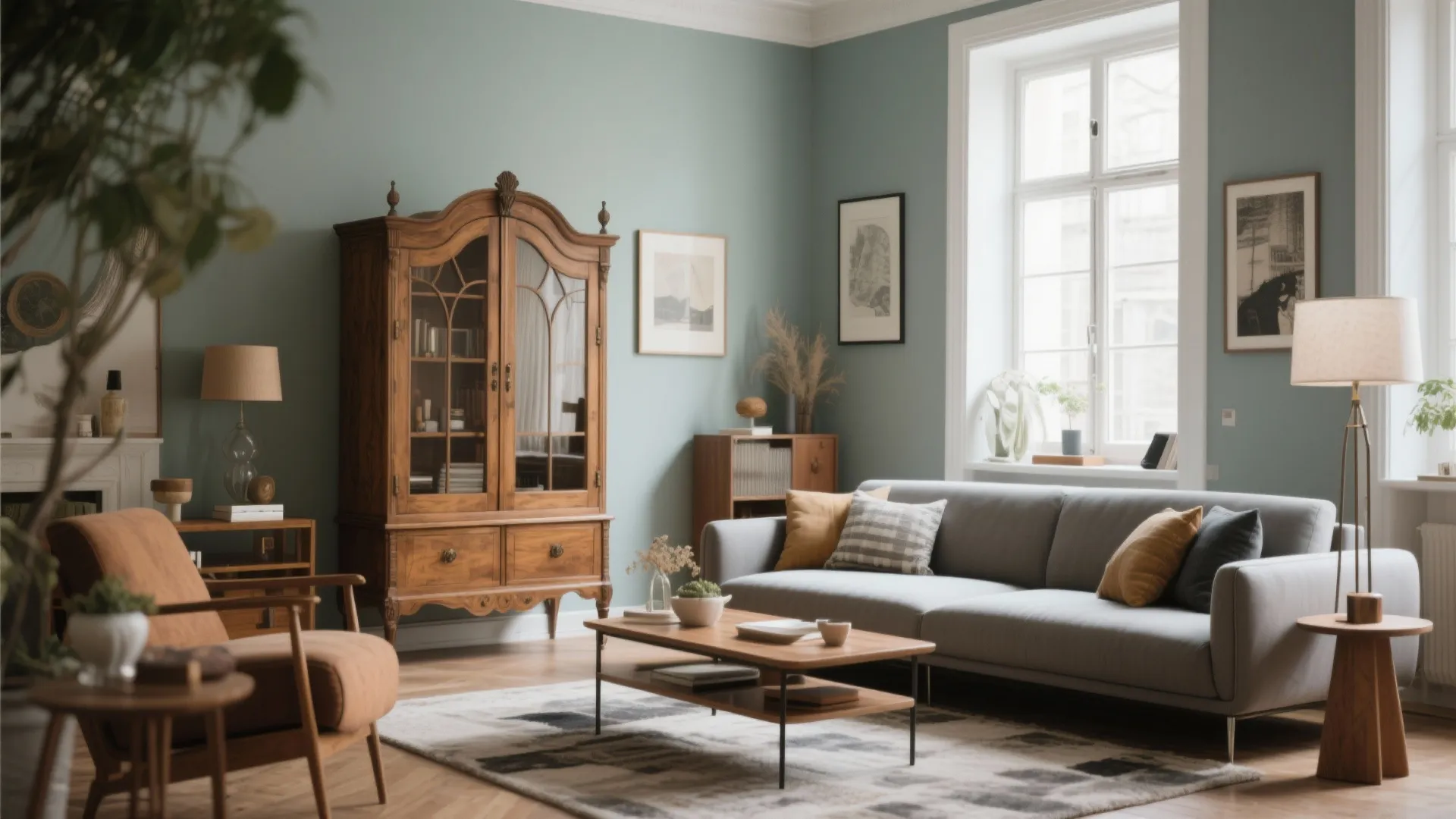 Modern sofa paired with vintage cabinet in eclectic living room