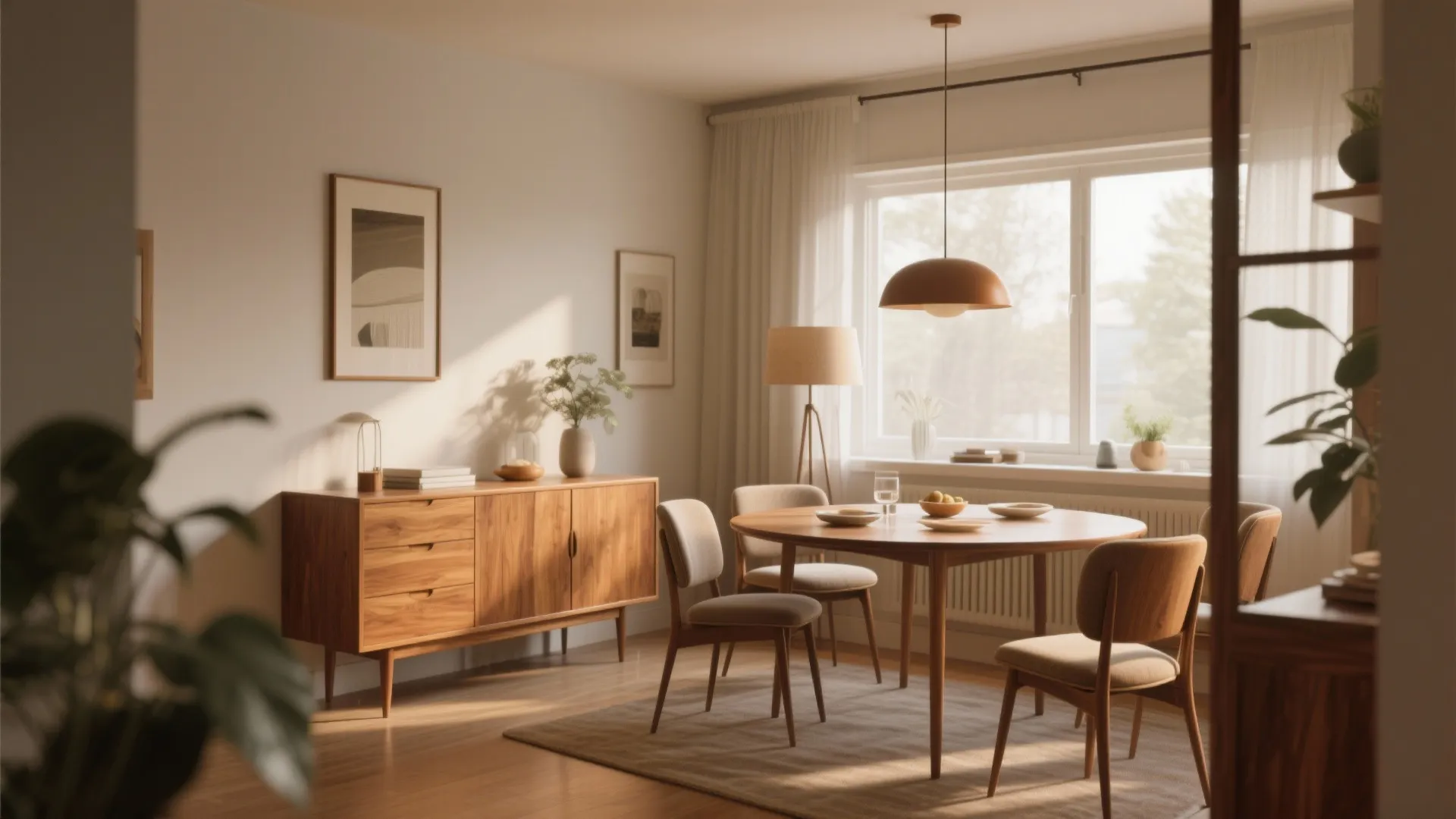 Warm dining room featuring round wooden table four chairs wooden cabinet ceiling light and large windows