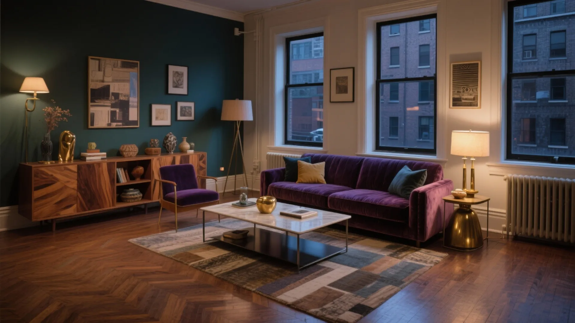 Eclectic living room with purple sofa, marble coffee table, dark green wall, and wooden floor