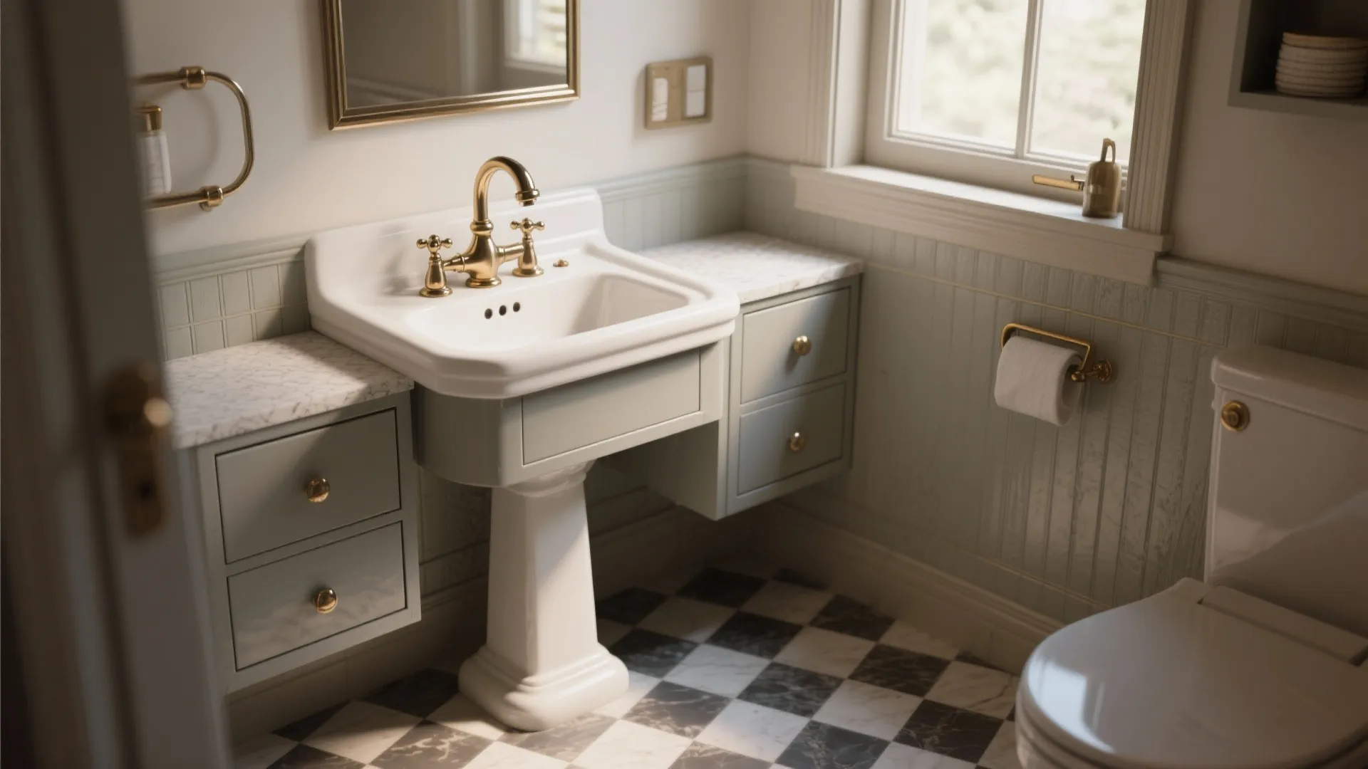 Vintage bathroom with white pedestal sink brass faucet light green cabinets and black white checkered floor