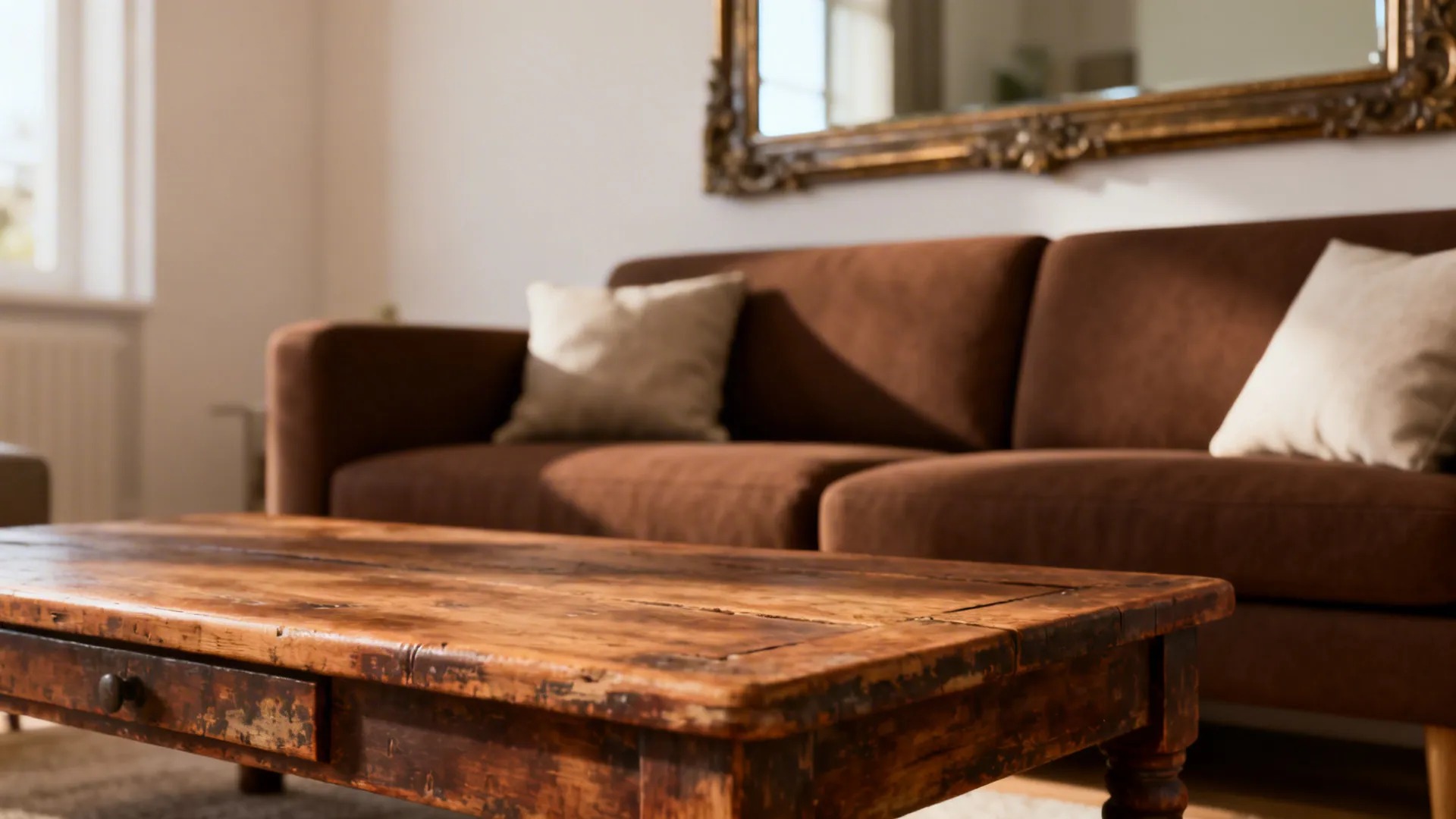 Vintage coffee table and antique mirror paired with a modern brown couch for contrast.