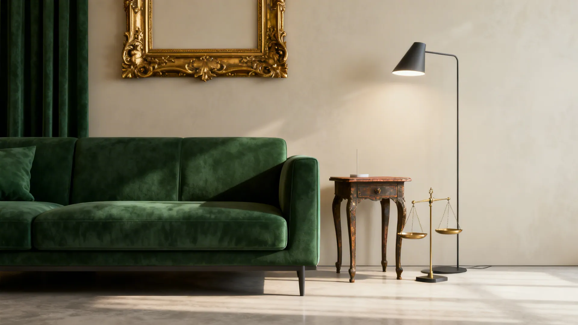 Small living room combining a modern sofa with a gilded vintage frame for a curated look
