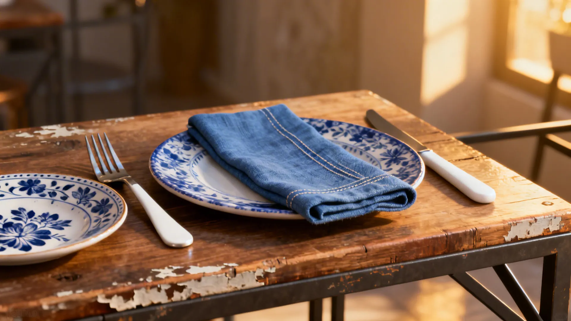 Eclectic small dining setup with vintage blue plates and modern white flatware