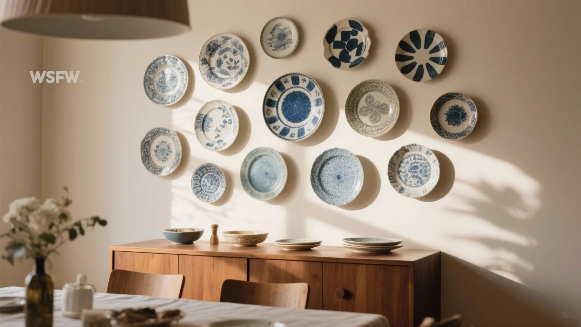 Dining room with blue and white patterned plates on wall above a wooden storage cabinet