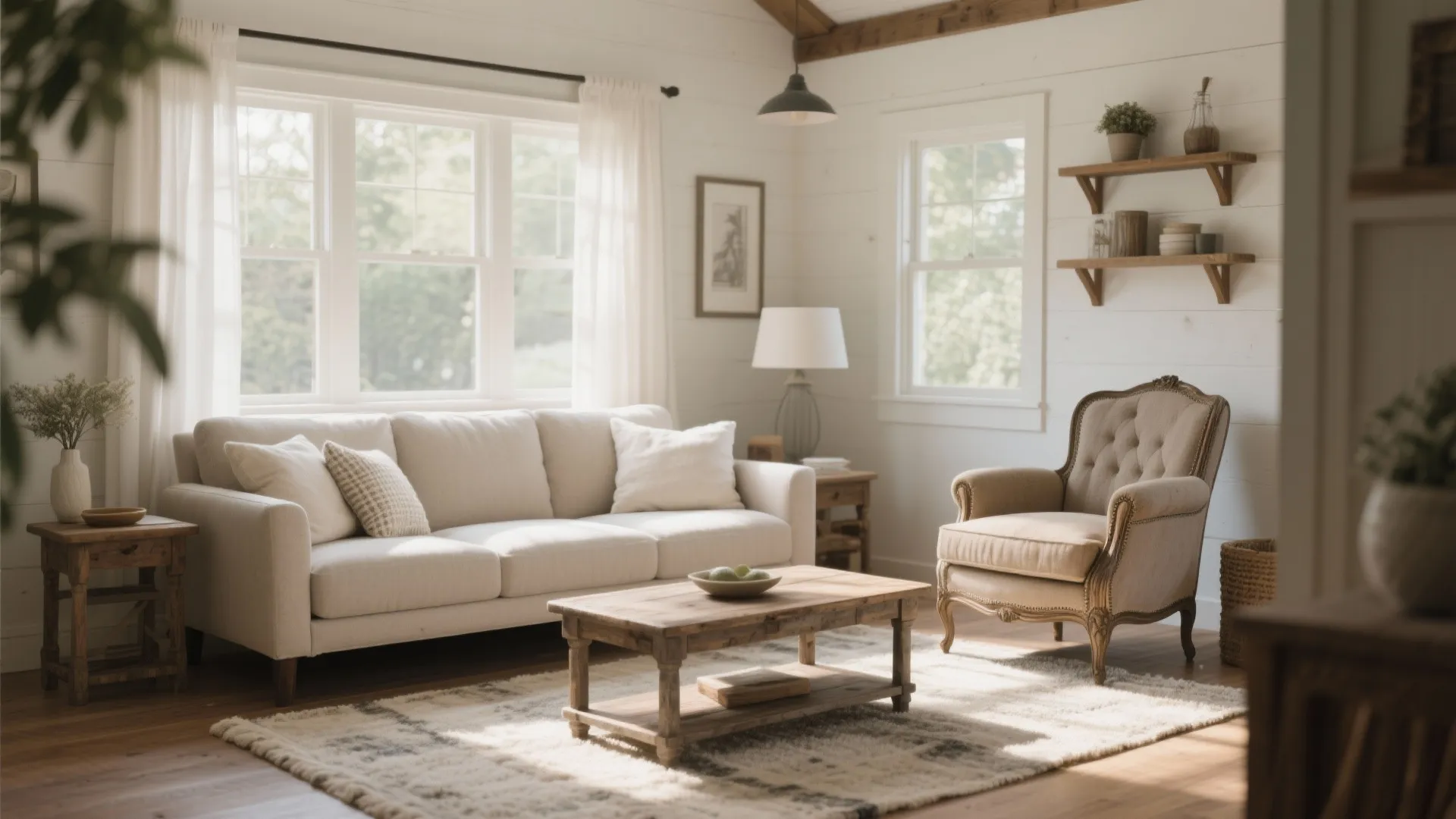 Bright living room featuring white sofa classic armchair wooden coffee table and wall mounted shelves