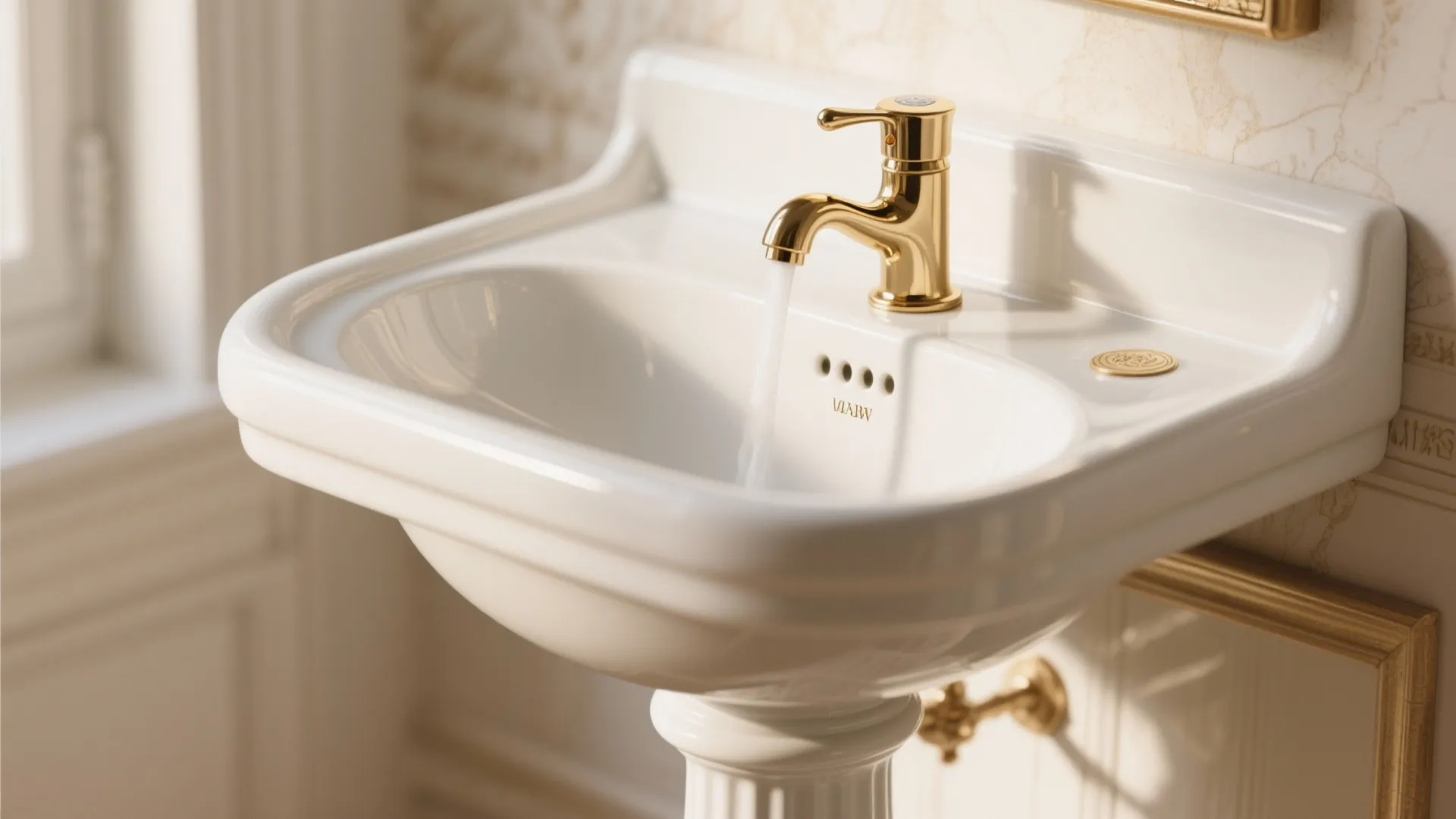 Classic white pedestal sink with a shiny gold water tap running into the basin bowl