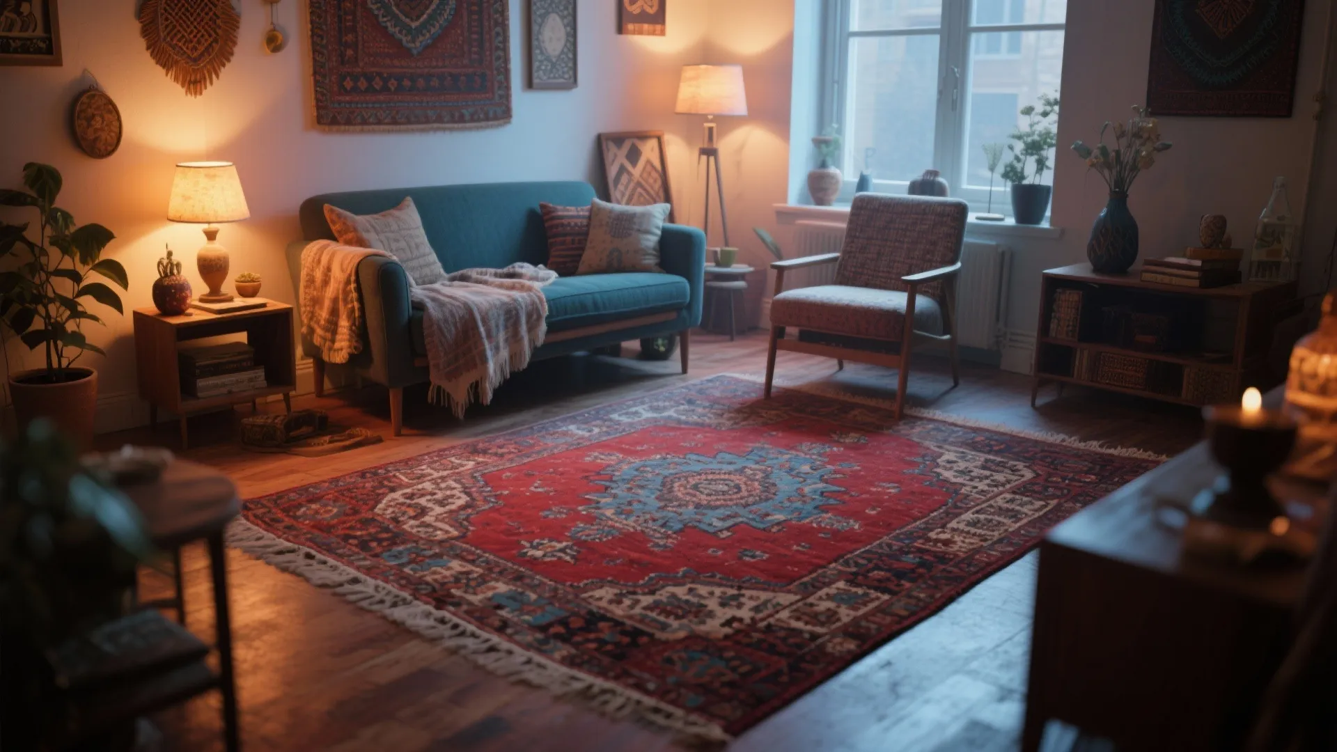 Eclectic living room with red patterned rug blue sofa wood floor and warm table lamps