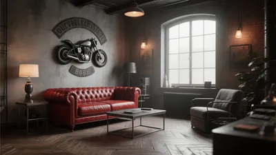 Industrial Loft Living Room with Red Leather Sofa