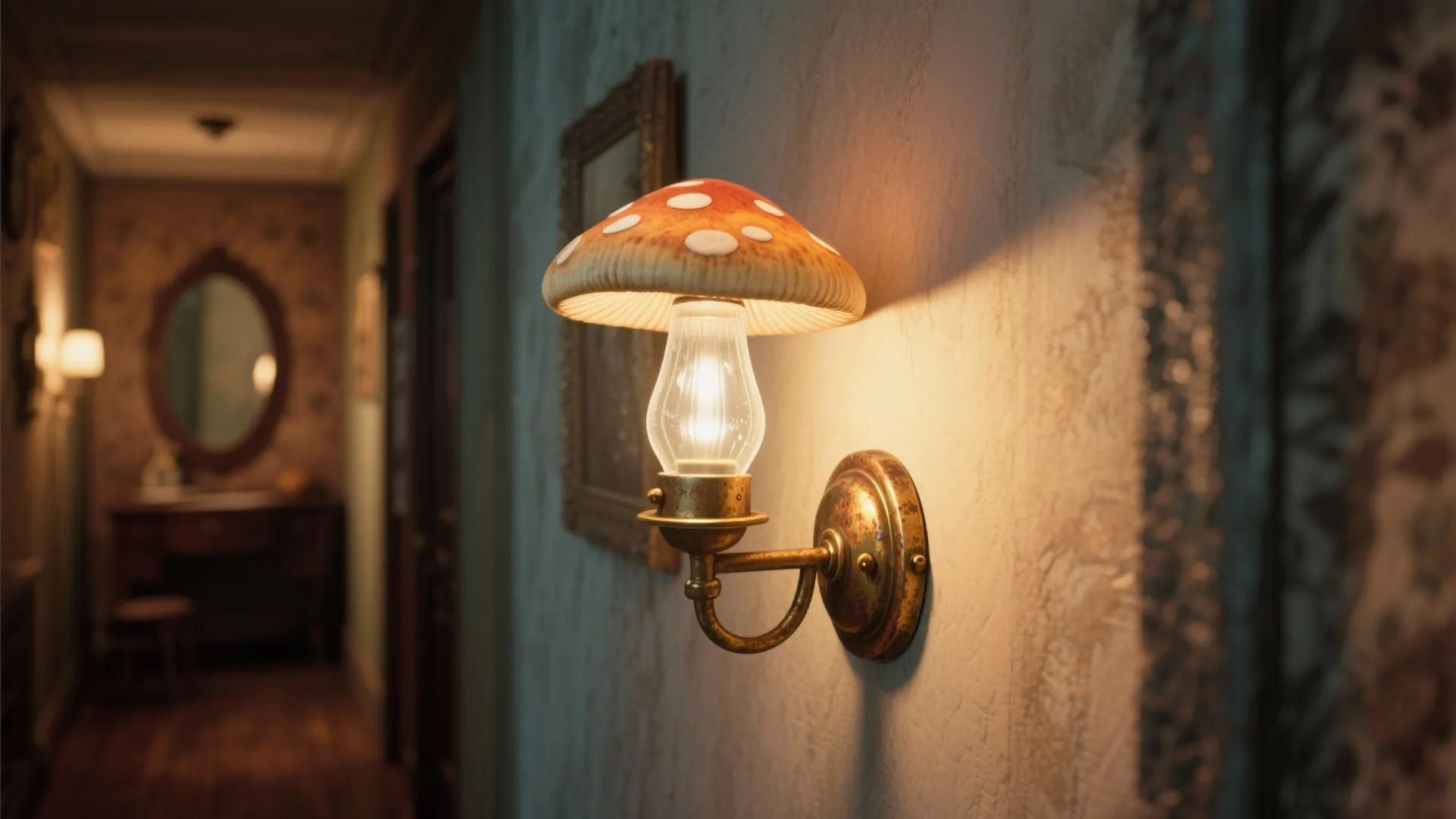 Vintage mushroom wall light with red spotted top glowing on a textured white hallway wall