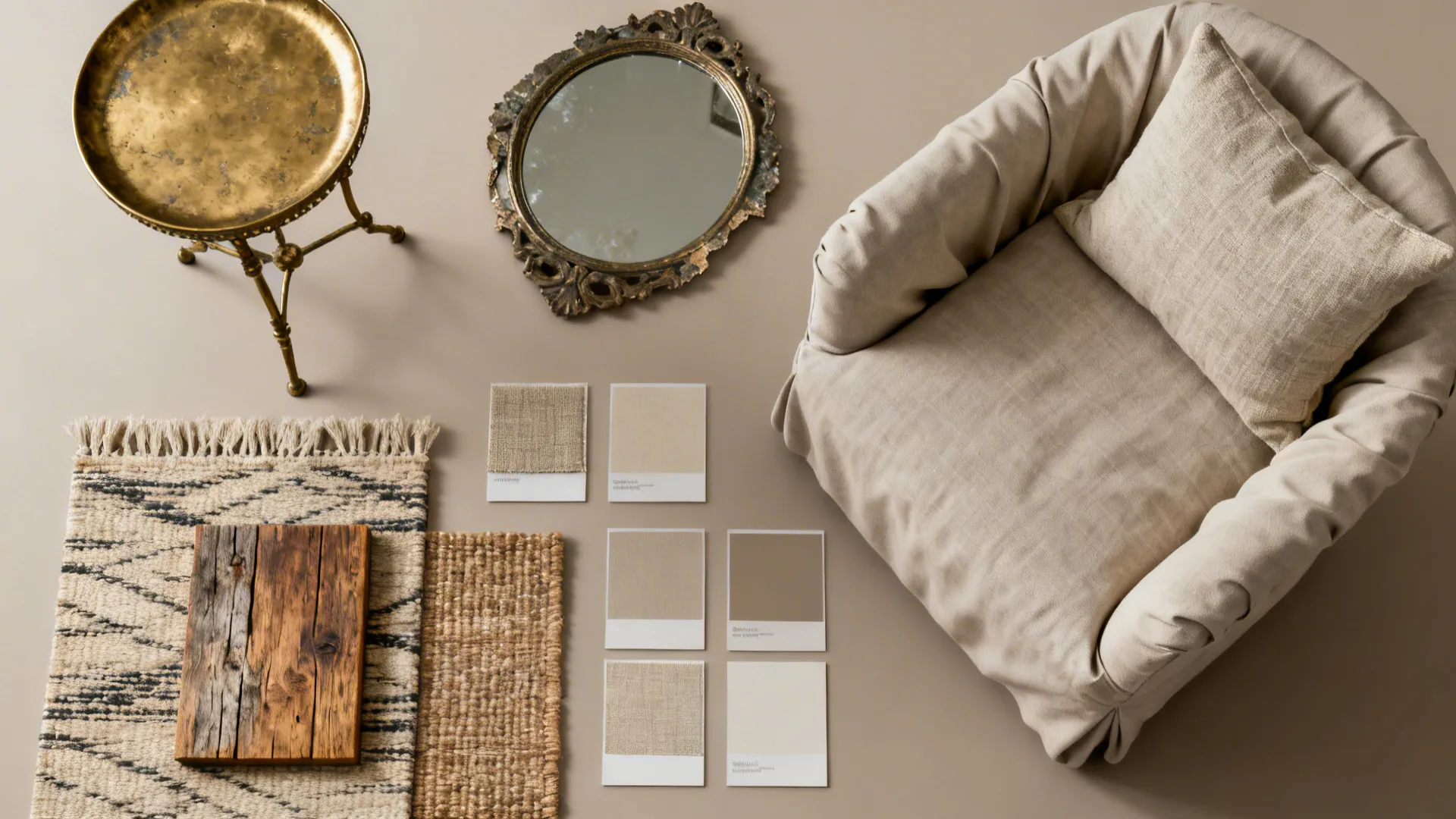 Flatlay of vintage and modern material samples: brass, wood, linen, rug and paint swatches.