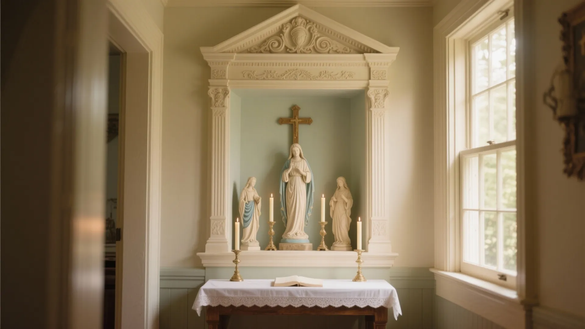 Classical wall niche with religious statues cross candles and wooden table covered in white lace