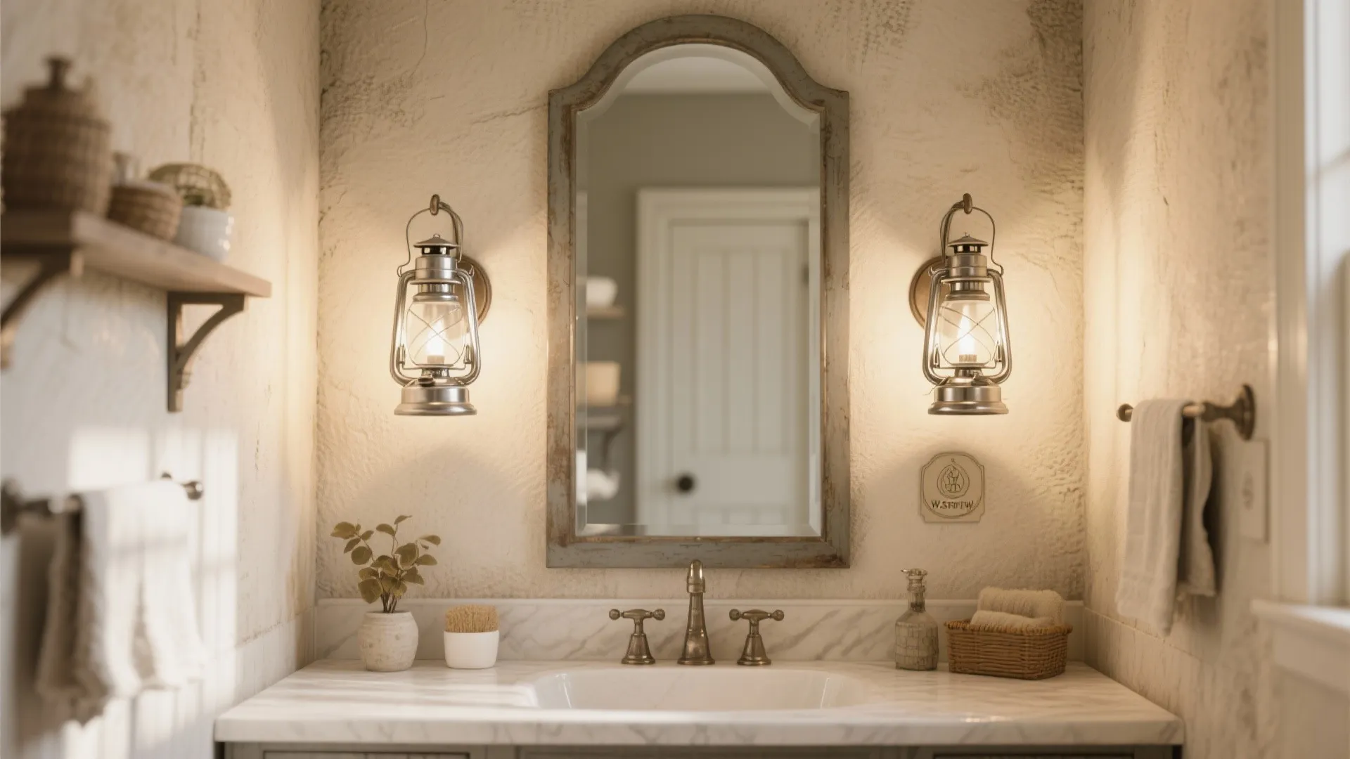 Vintage bathroom with arched mirror, two lantern wall lights, marble counter, and white porcelain sink