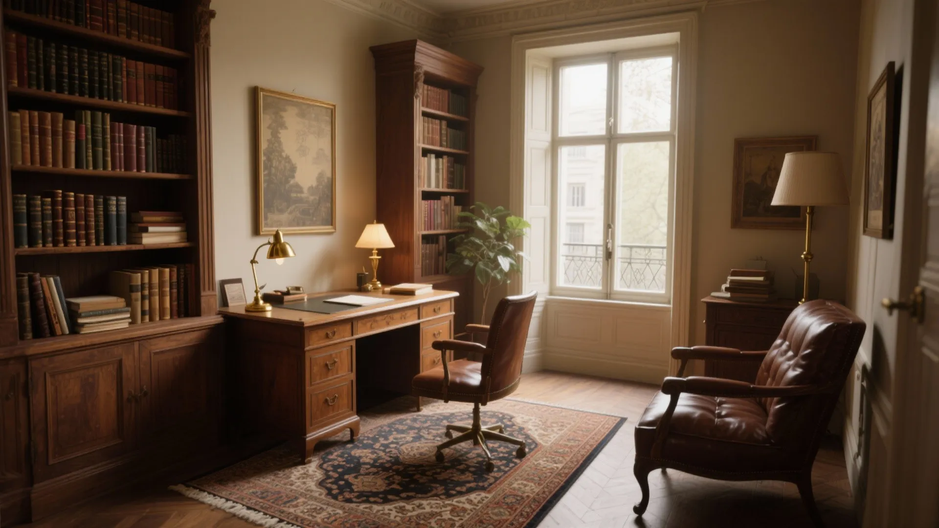 Vintage home library with tall wooden bookshelves and a leather chair by a classic desk
