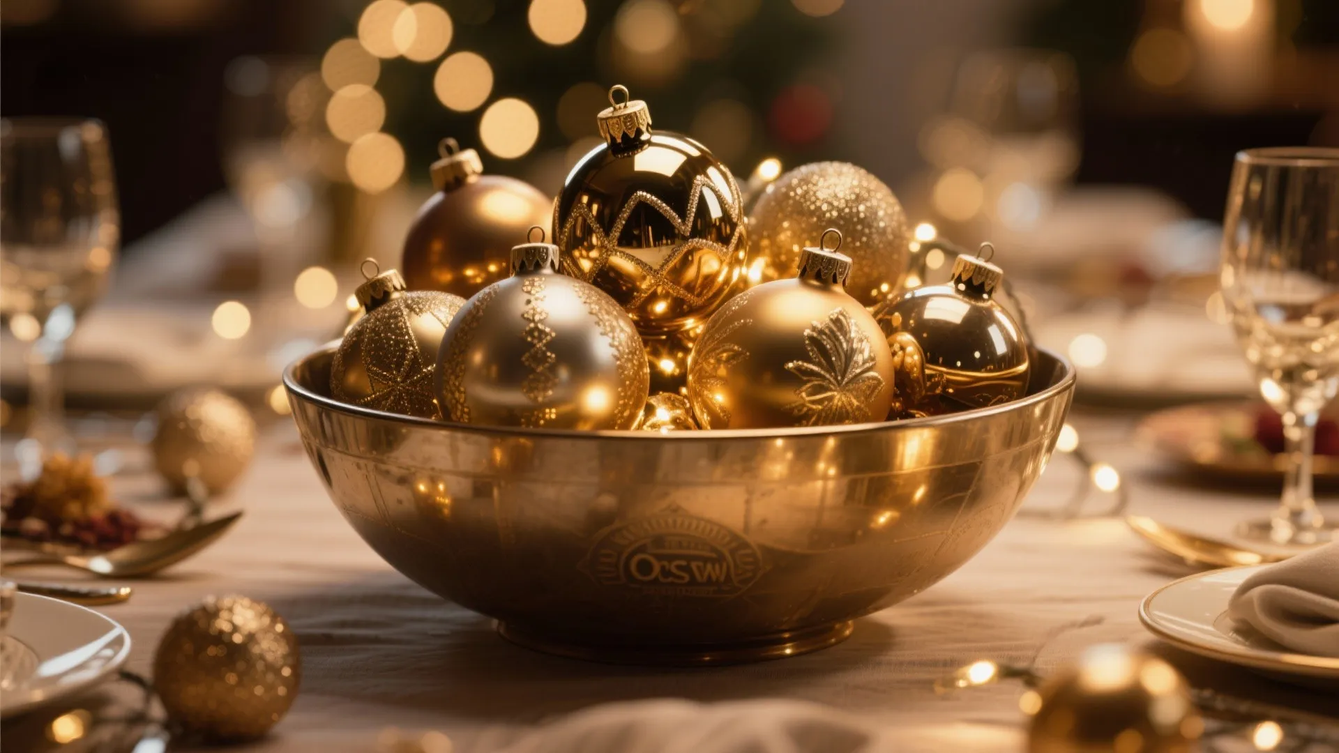Metallic bowl filled with vintage glass Christmas ornaments