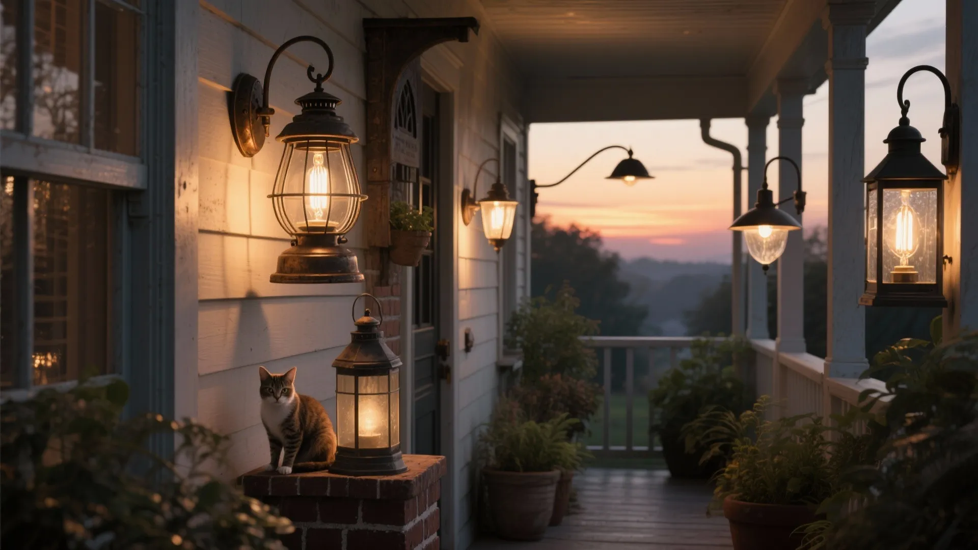 House porch at sunset with several warm wall lights a small cat and potted plants
