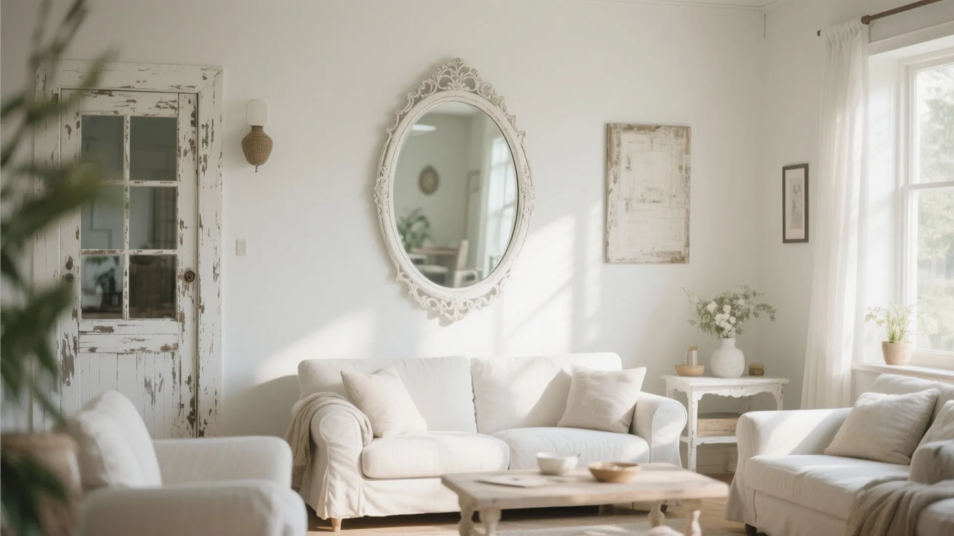 Distressed white oval vintage mirror brightening living room