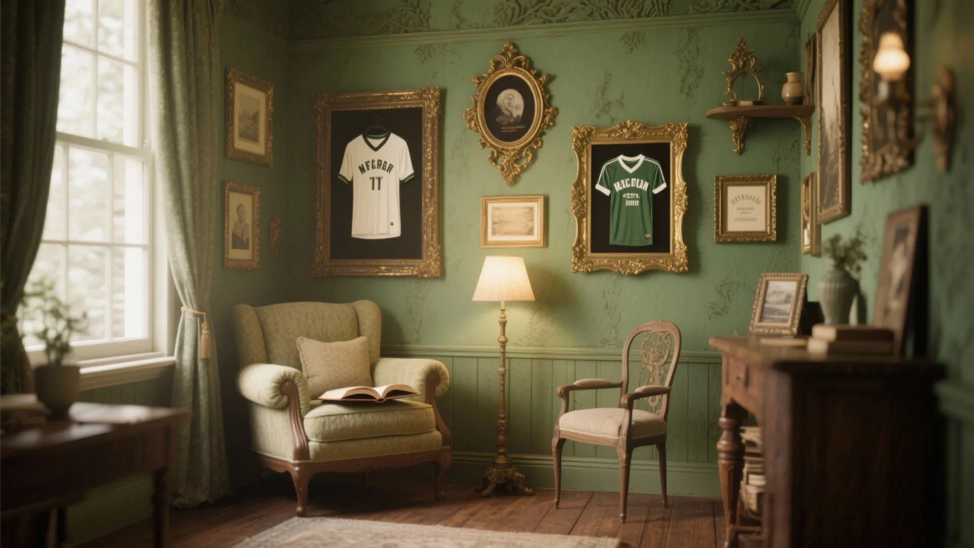 Reading nook with muted green walls, aged gold accents and vintage decor