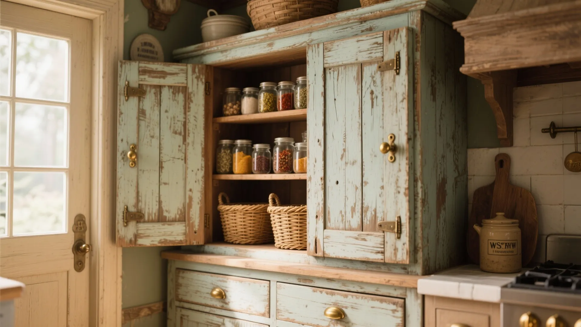 Vintage light blue kitchen cabinet with open doors holding glass jars of food and baskets