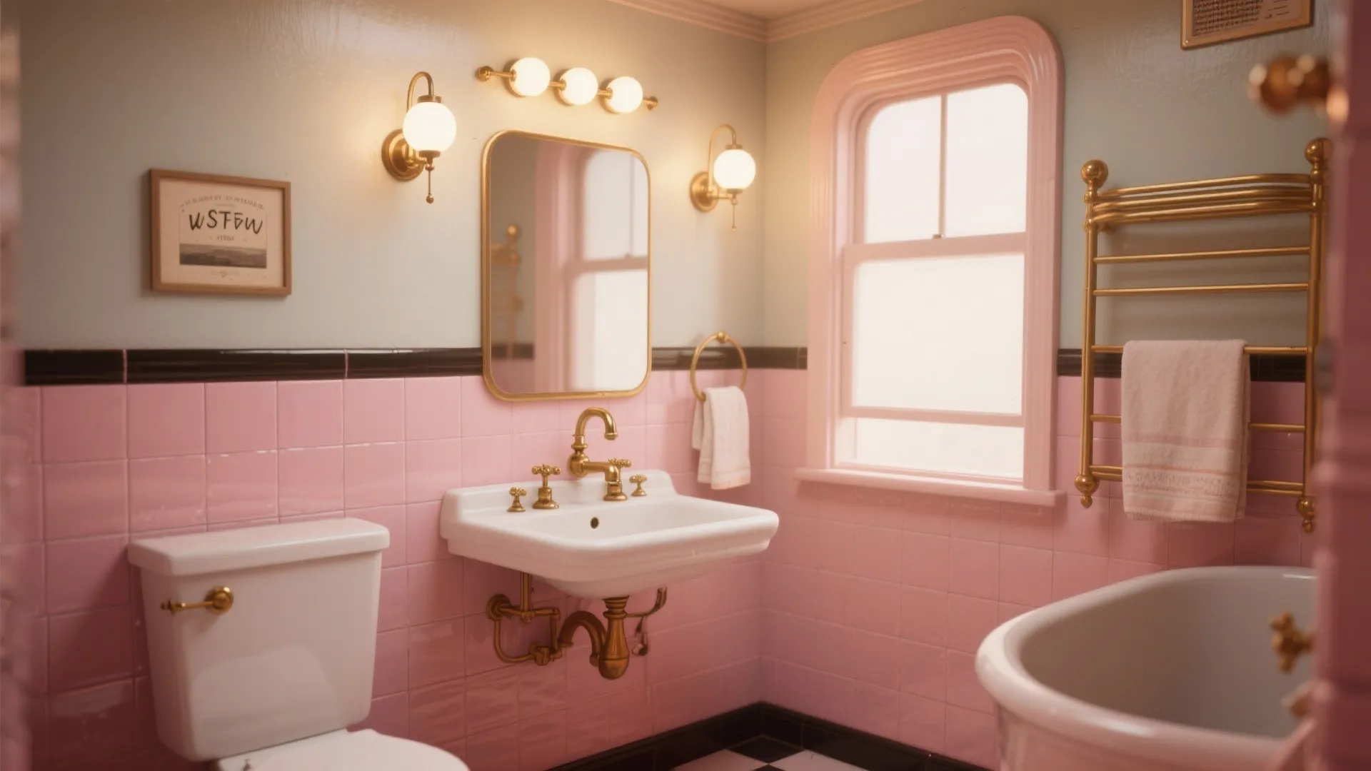 Bathroom with pastel pink painted tiles and brass fixtures