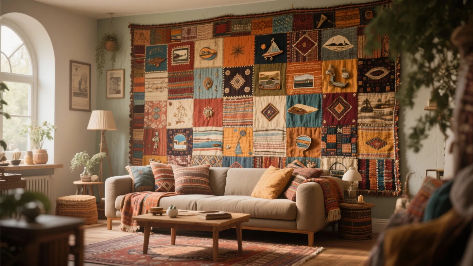 Patchwork carpet hanging on wall behind beige sofa with pillows and a small wood table