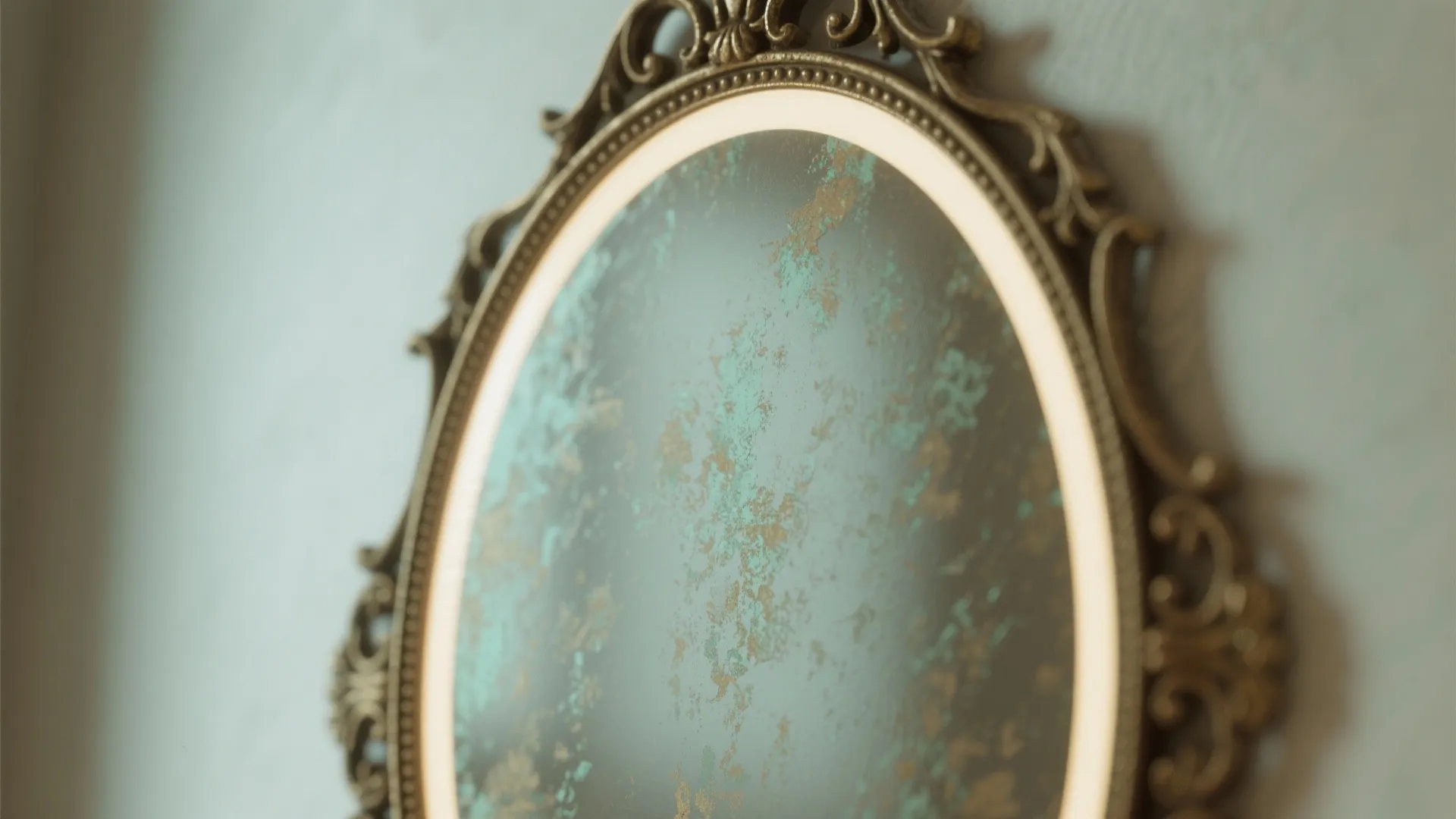Close up of vintage round wall mirror with decorative bronze frame and light blue textured surface