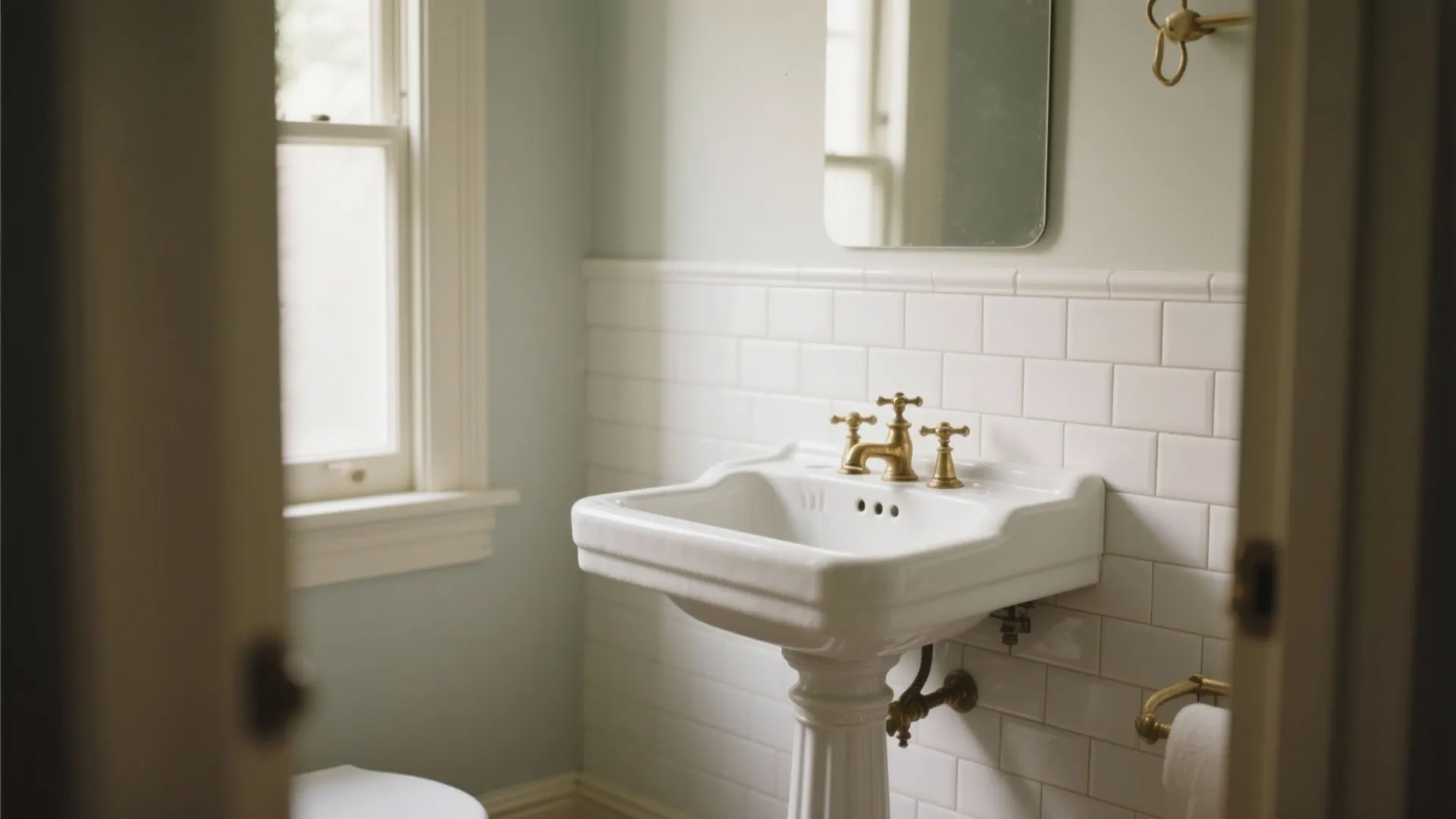 White pedestal sink with gold faucet and handles against white wall tiles next to window