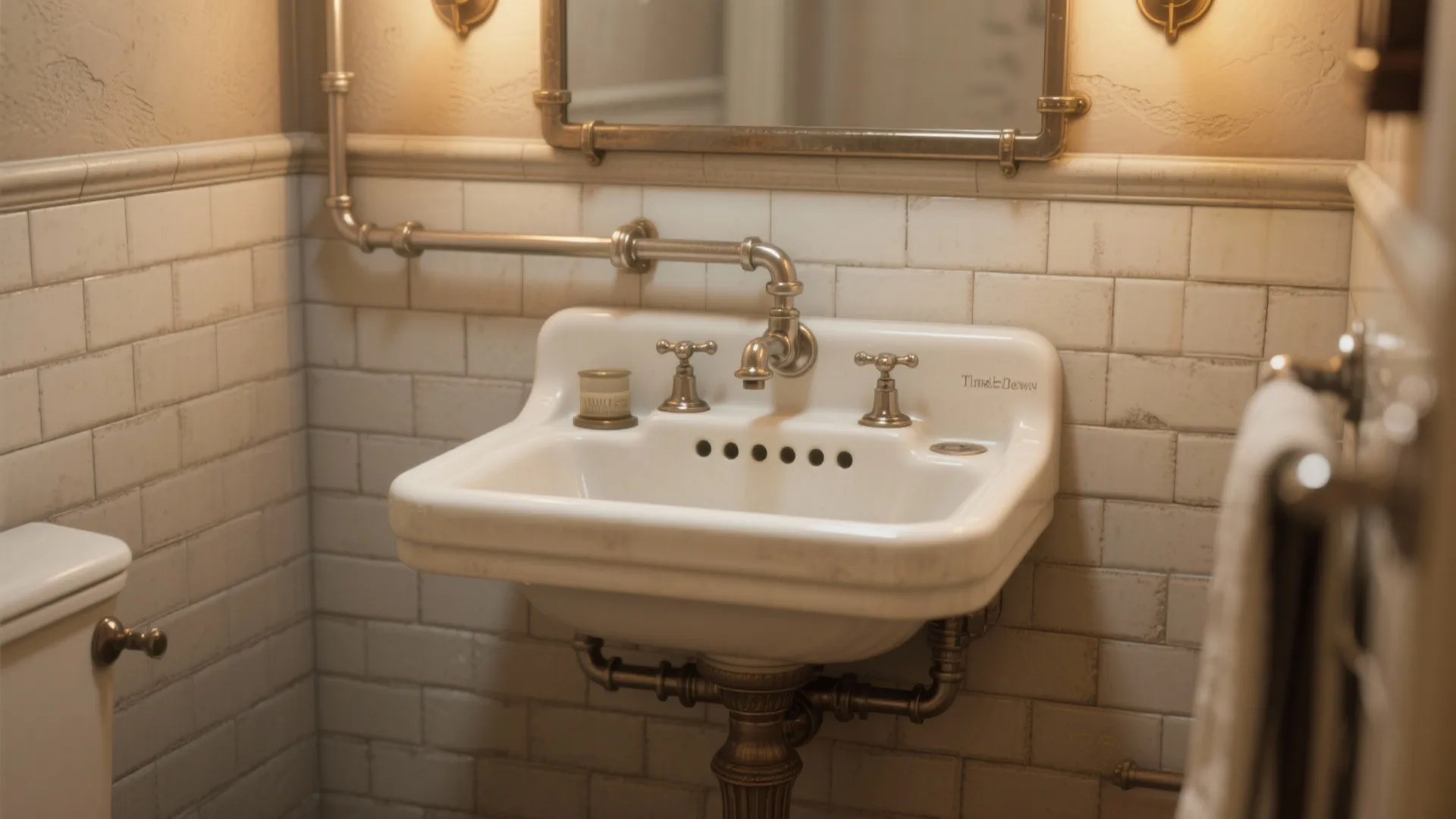 Vintage bathroom style with a white wall sink exposed metal pipes and subway tile walls