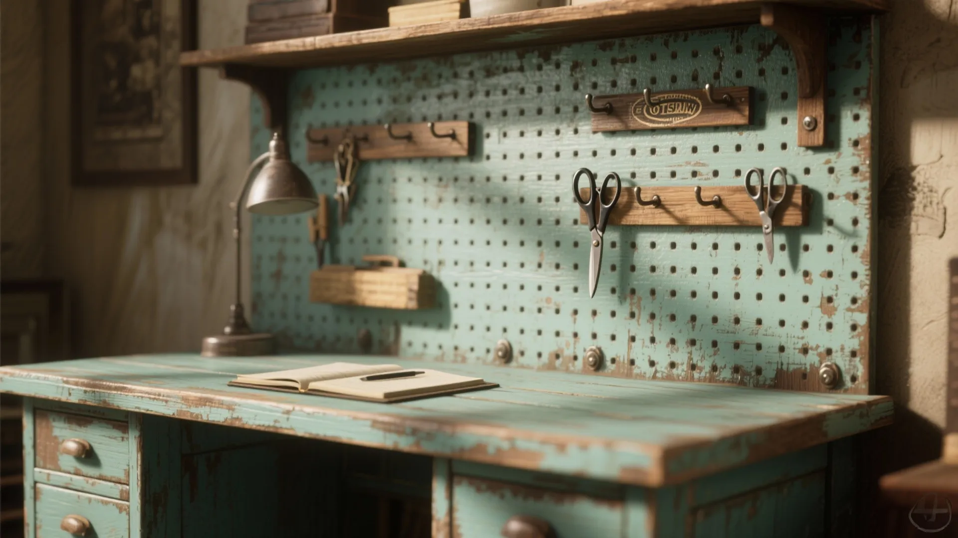 4. Repurposed vintage writing desk with pegboard
