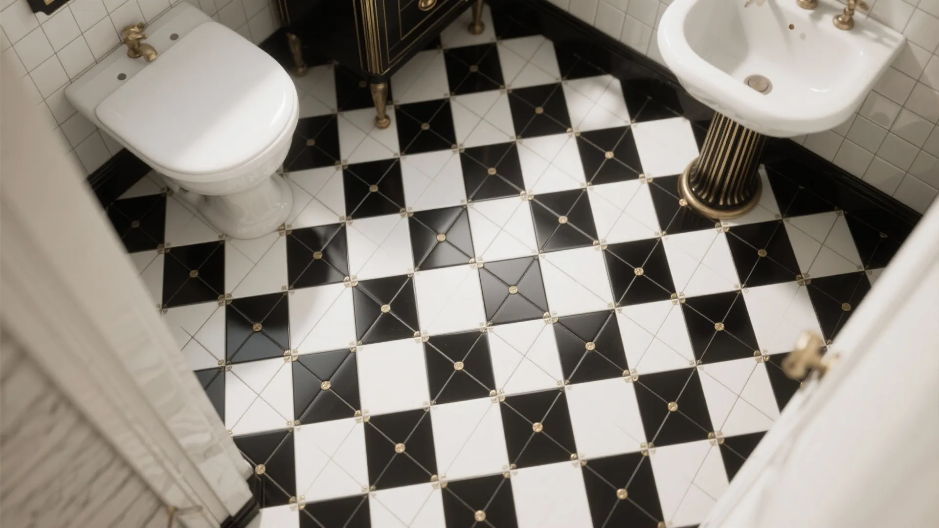 Classic bathroom floor with black and white diamond tiles and gold accents beside a toilet