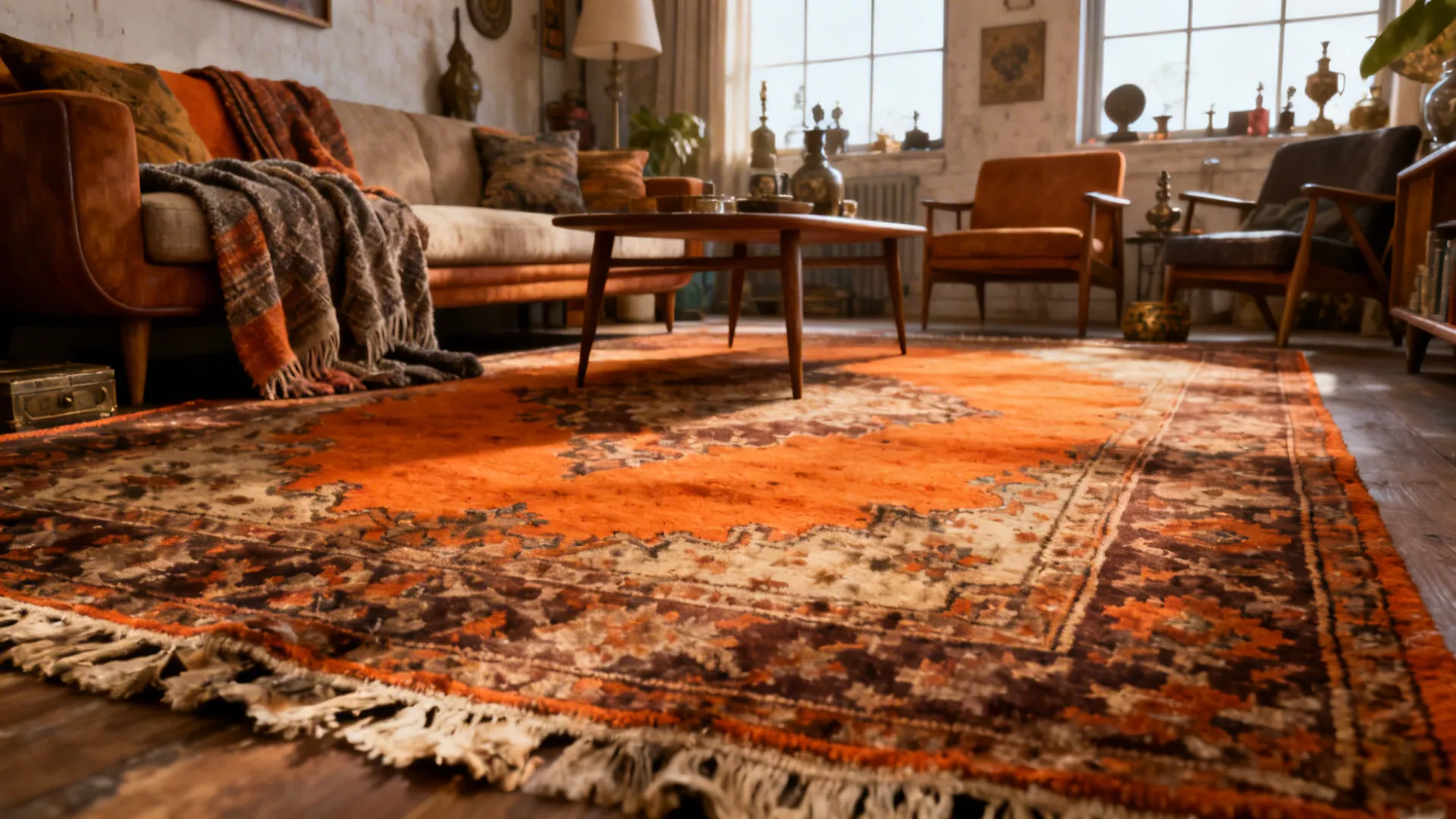 Vintage orange patterned rug on wooden floor in a cozy living room with sofa and armchairs