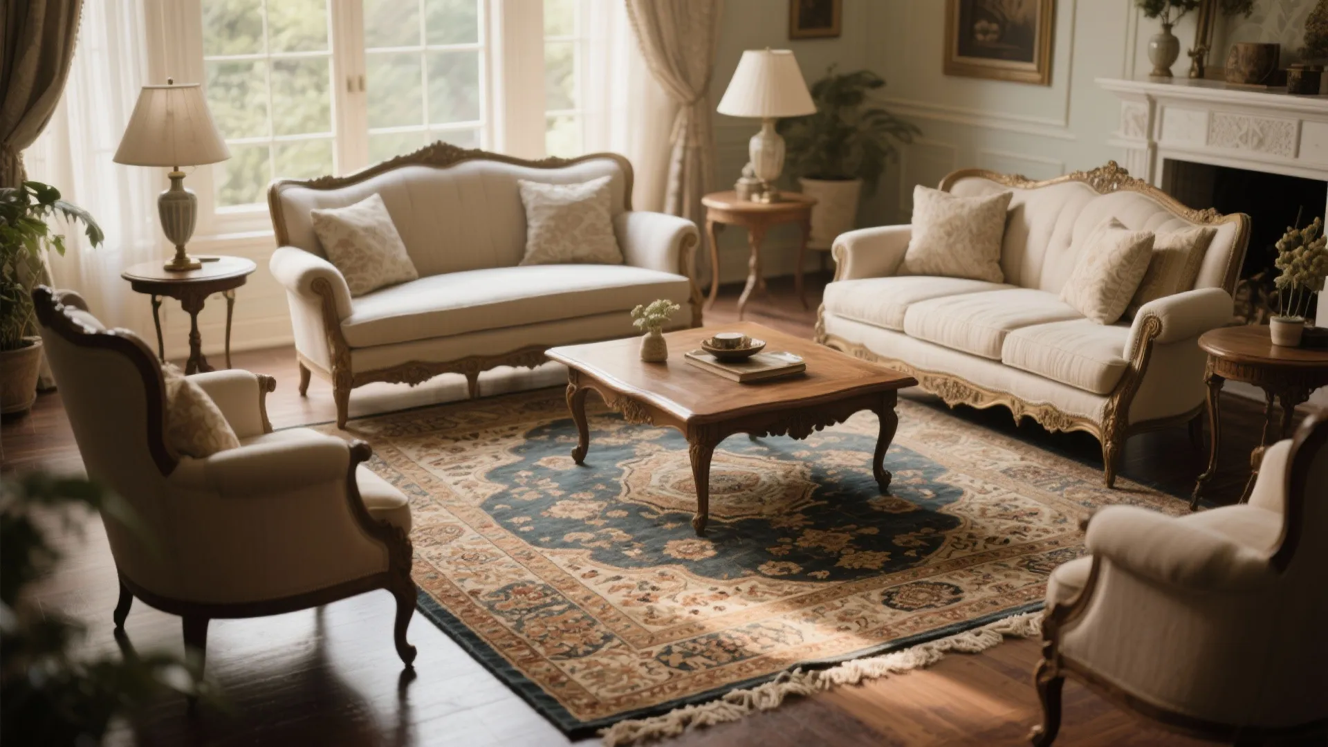 Elegant living room featuring beige sofas armchairs wooden coffee table and large patterned rug floor