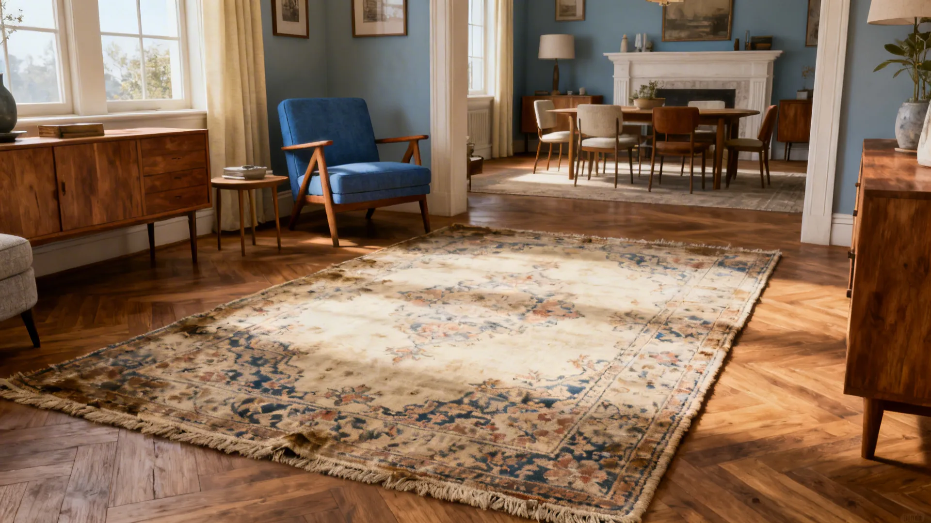Living room anchored by a faded vintage Persian rug in muted blues, creams and taupes