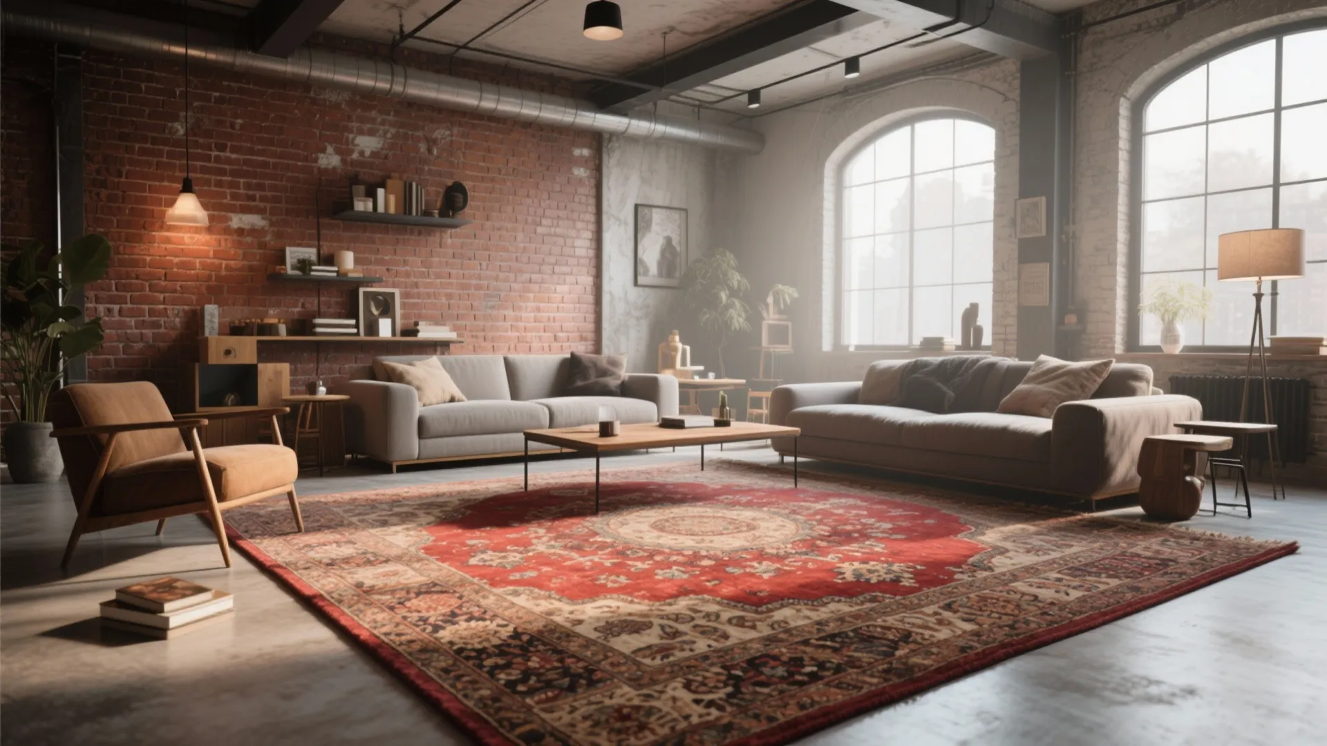 Industrial loft living room with red brick walls large windows and a red patterned rug