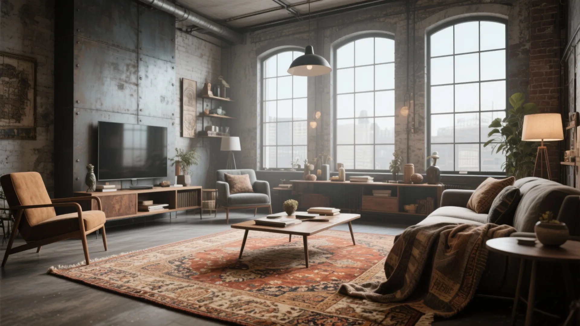 Modern loft with faded Persian rug and warm eclectic style