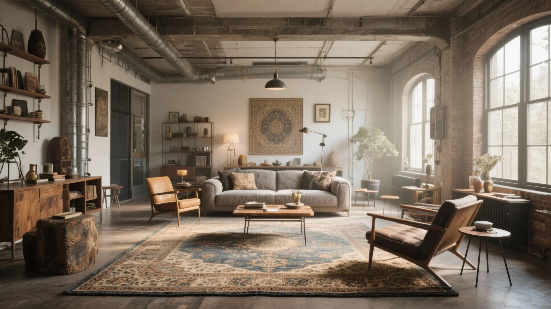 Industrial loft living room featuring a vintage patterned rug grey sofa wooden furniture and windows