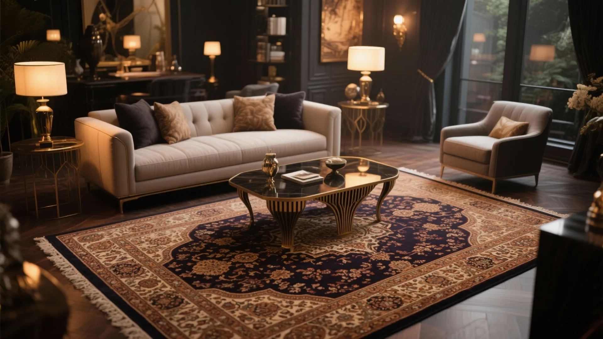 Elegant dark living room featuring a patterned rug white sofa black coffee table and warm lighting