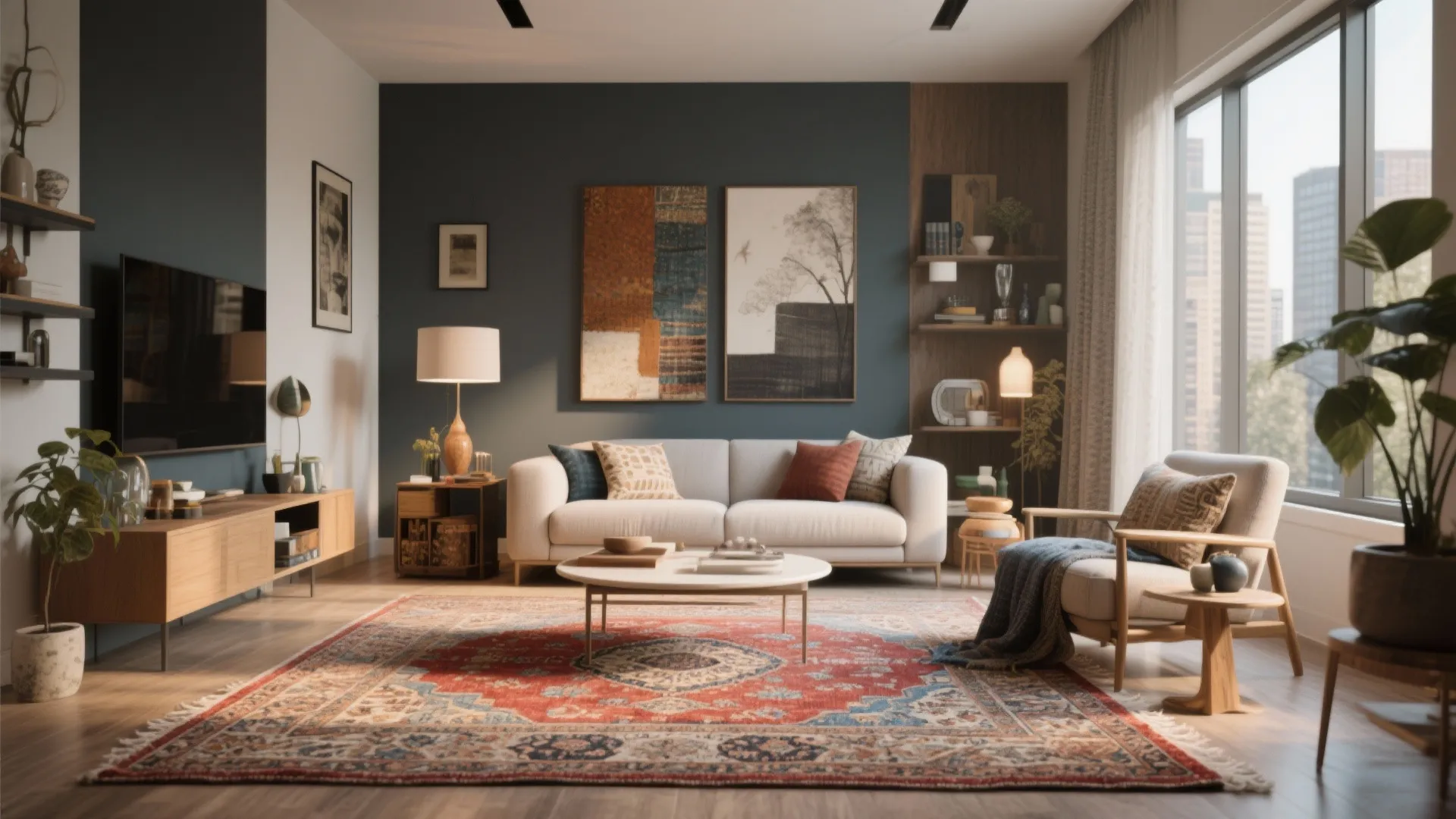 Modern condo with vintage Persian rug in reds and blues