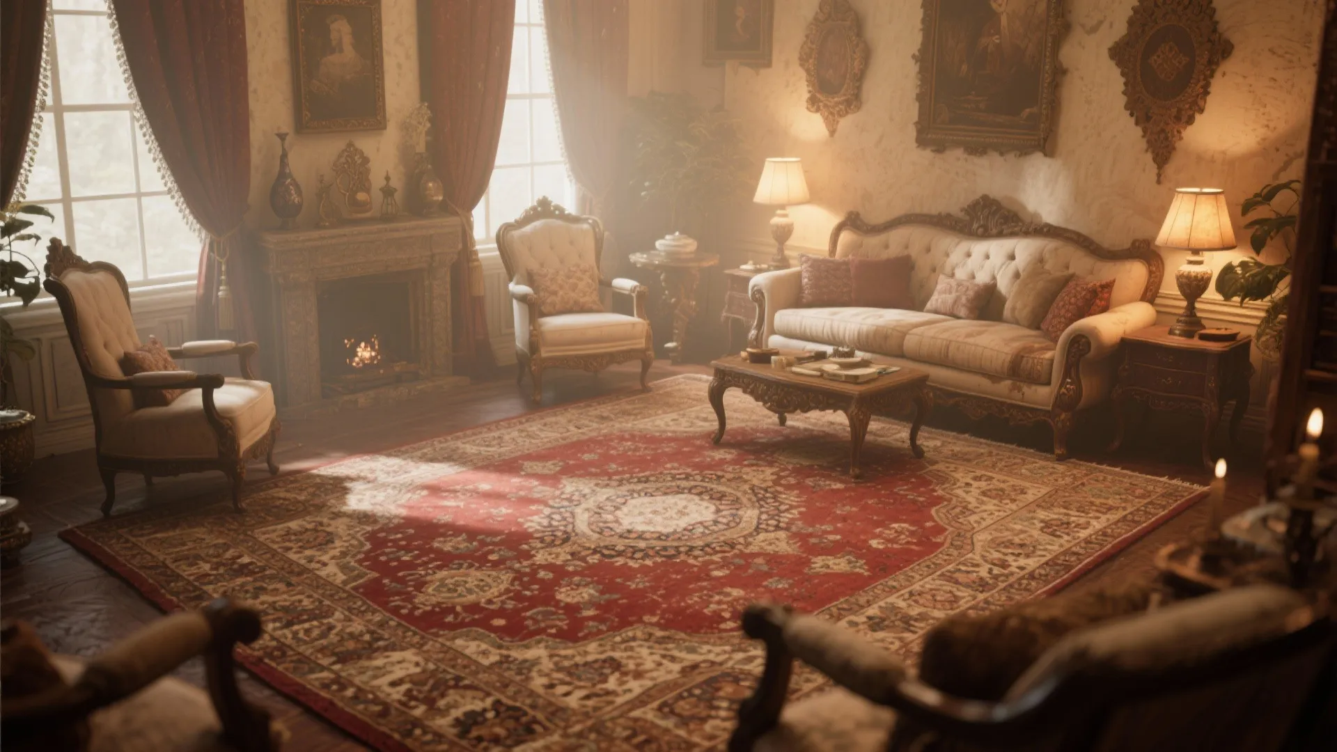 Classic living room with red patterned rug white sofa armchairs fireplace table lamp and wall art