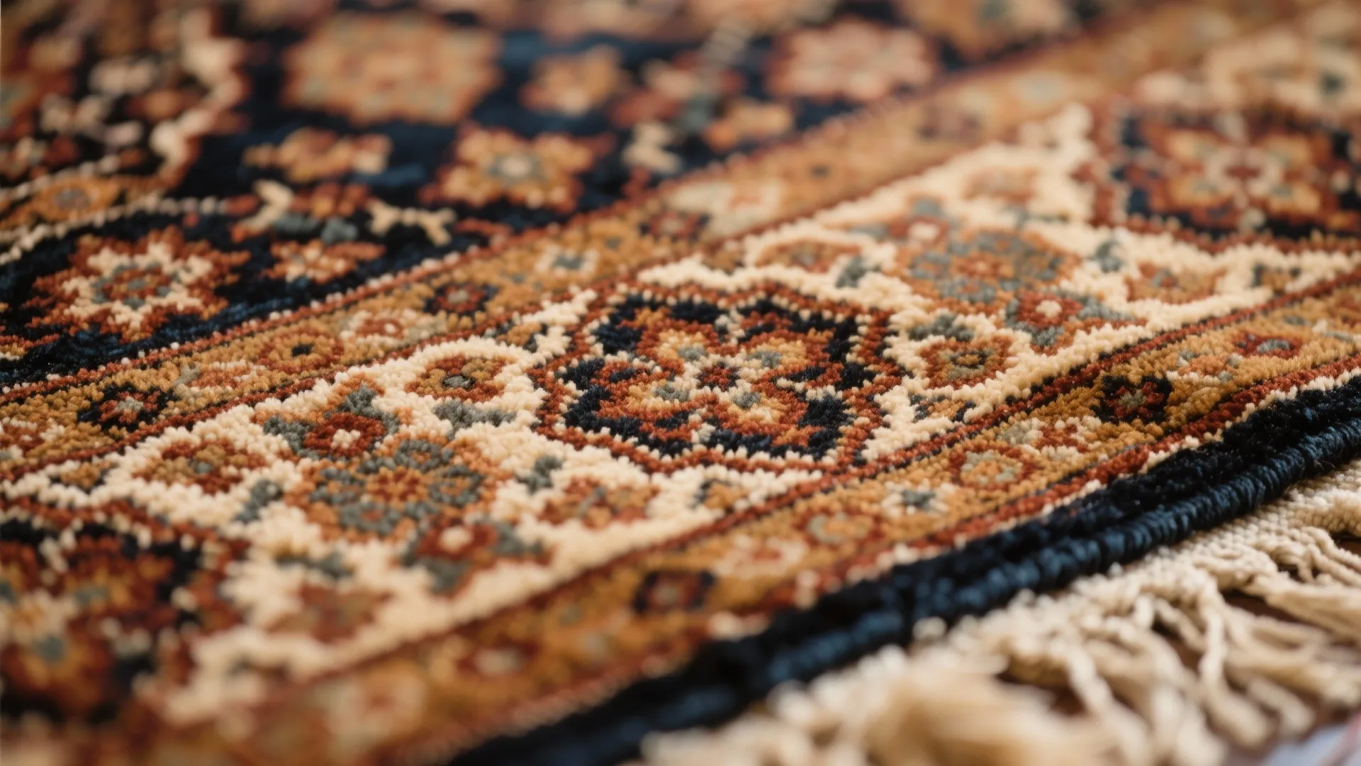 Detailed close-up of an antique Persian rug's intricate design