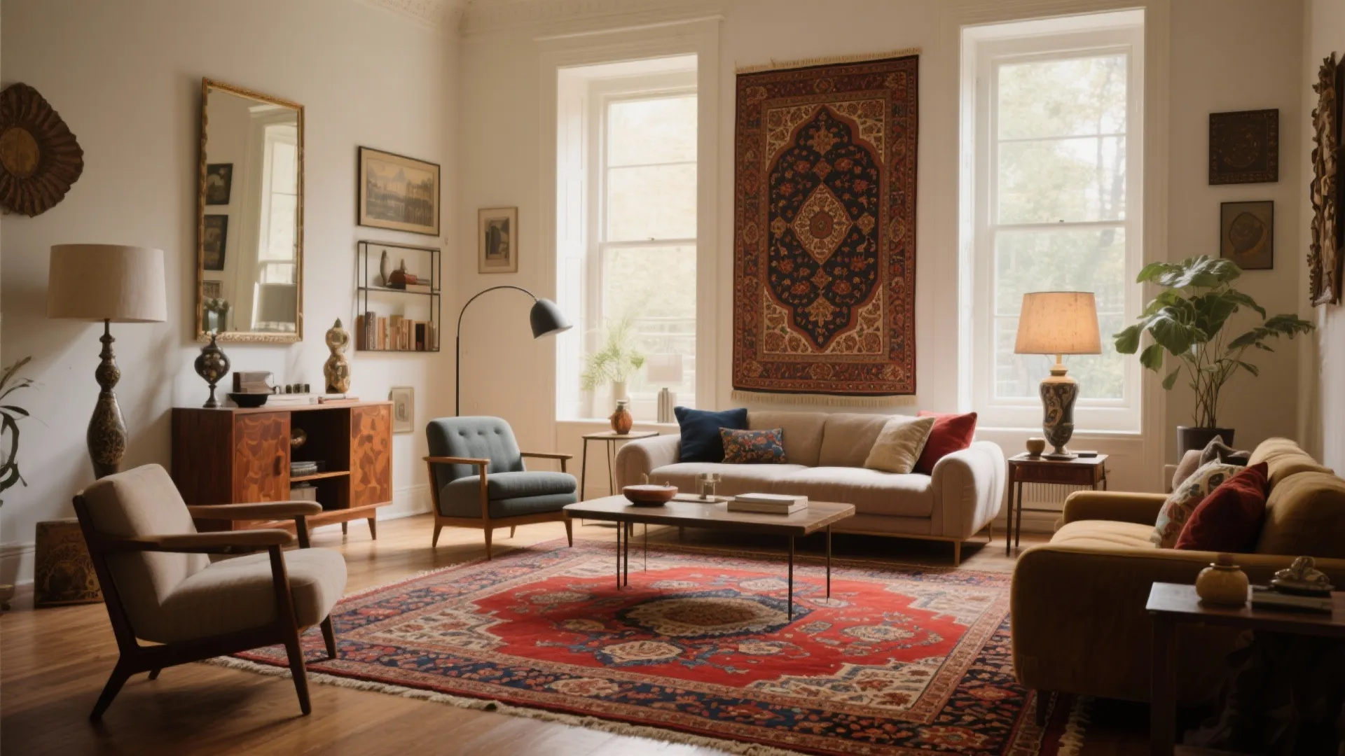 Eclectic living room with red patterned floor rug large wall hanging sofas and wood cabinet