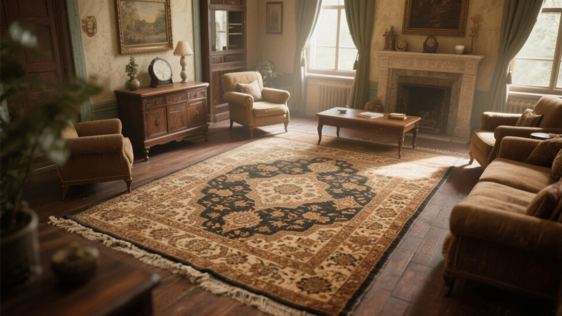 Classic living room with patterned area rug wooden coffee table vintage cabinet and warm fireplace