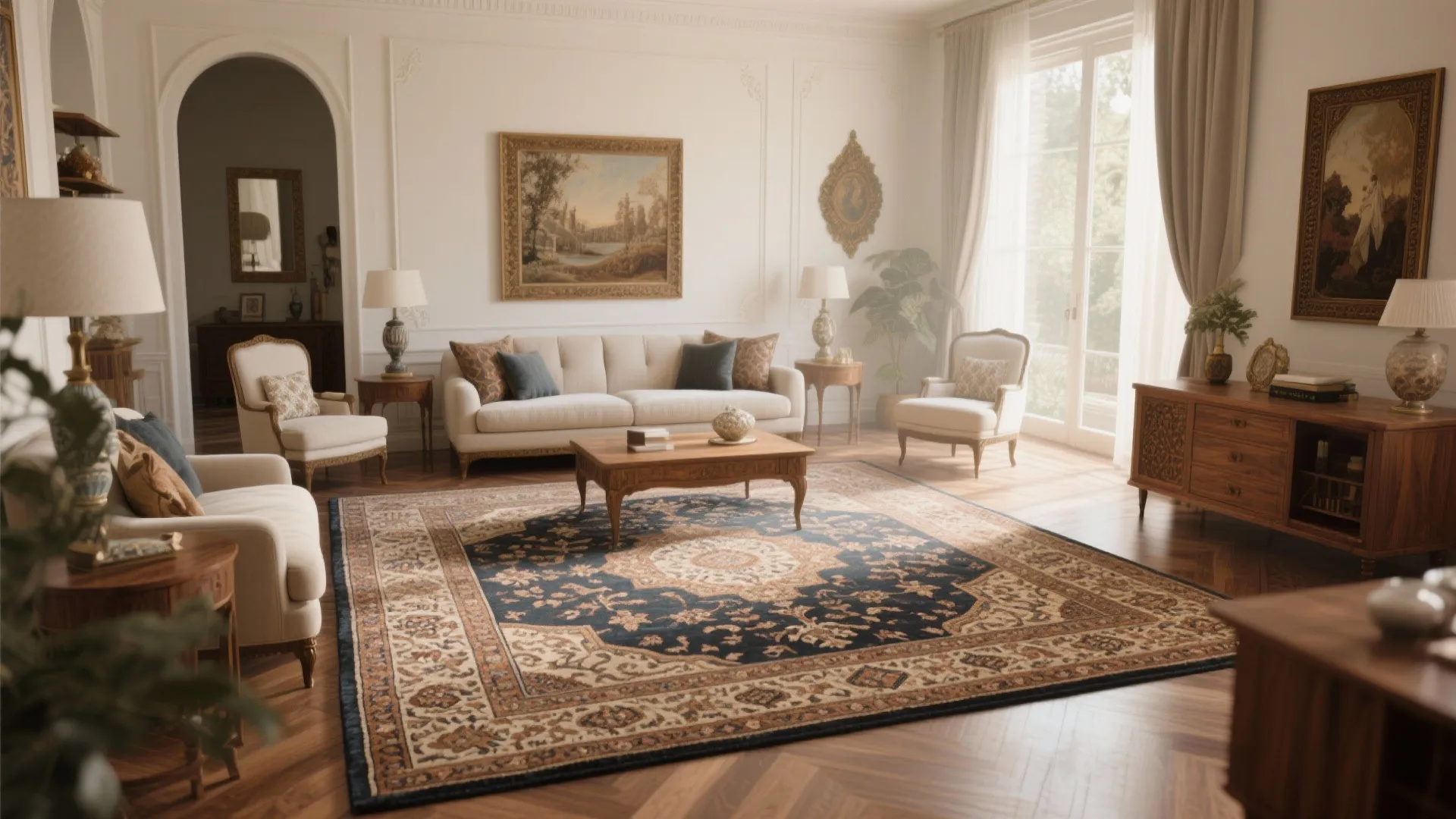 Classic living room with pattern rug white sofa wood cabinet wall art and large window view