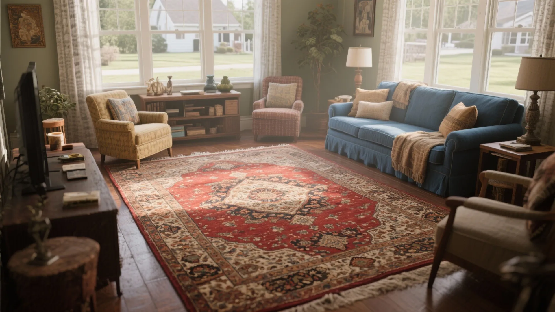 Traditional living room with large red patterned rug blue sofa yellow armchair and wooden cabinet