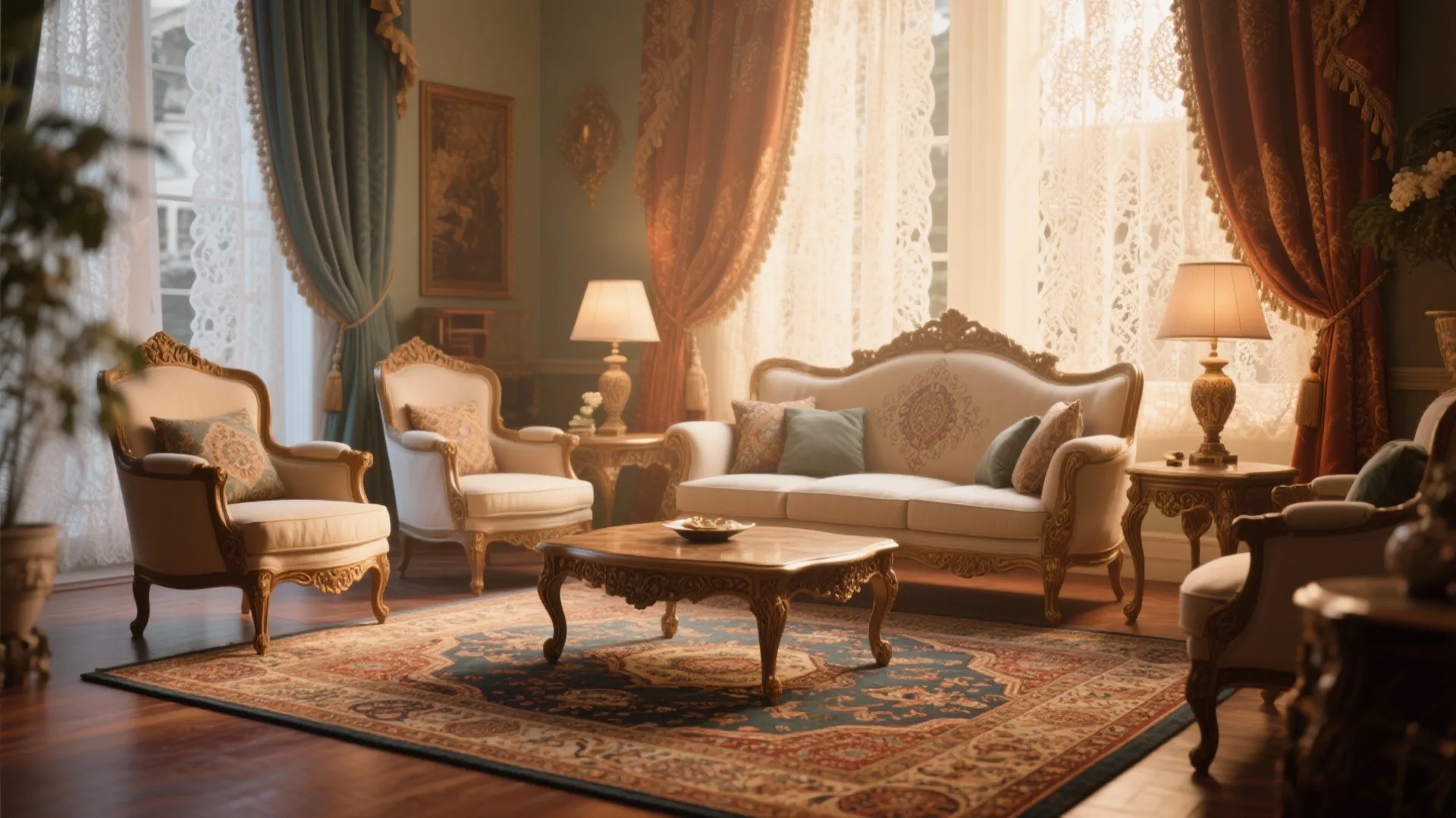 Vintage living room with white fancy sofa wooden coffee table and a large patterned floor rug