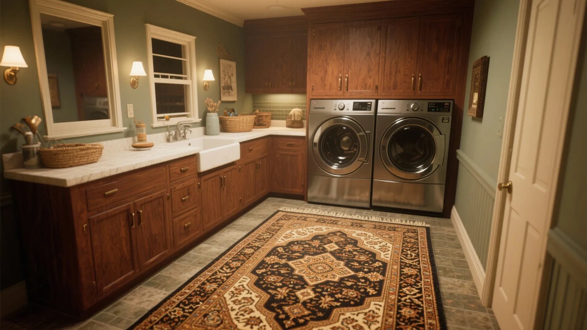 Laundry room with a vintage Persian rug and cozy decor
