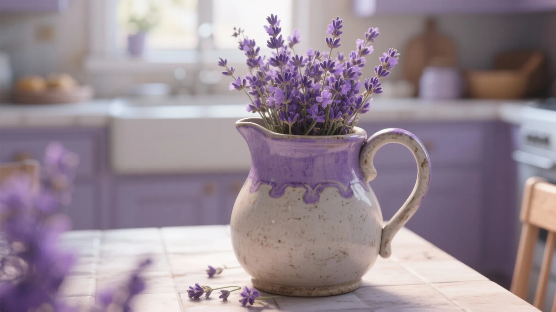 Ceramic purple and white water jug filled with fresh lavender flowers on a kitchen table